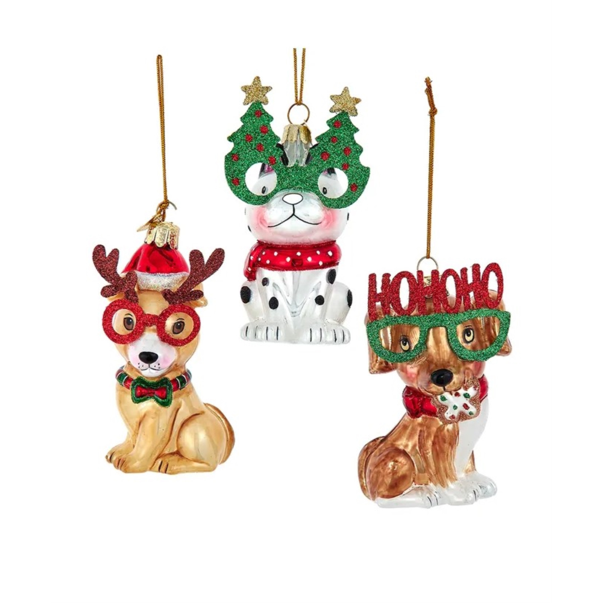 Kurt Adler Noble Gems Glass Ornaments for Christmas Tree, Dogs in Christmas Glasses, Assorted (Pack of 3)