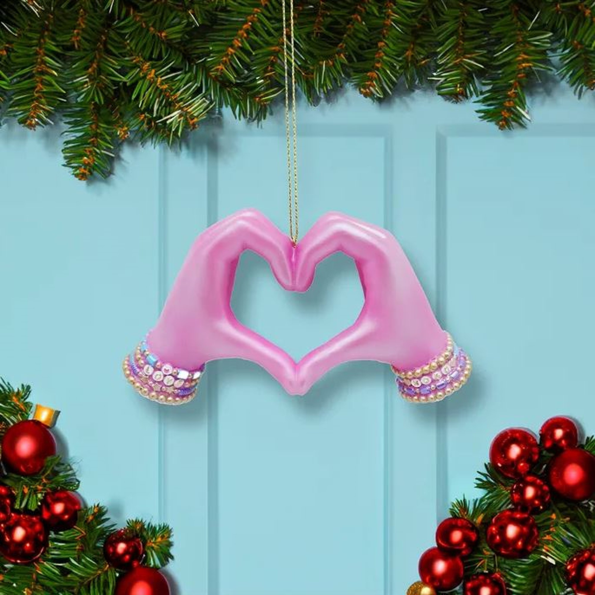 Kurt Adler Hanging Resin Christmas Tree Ornament, Pink Electroplated Heart Hands, 5"