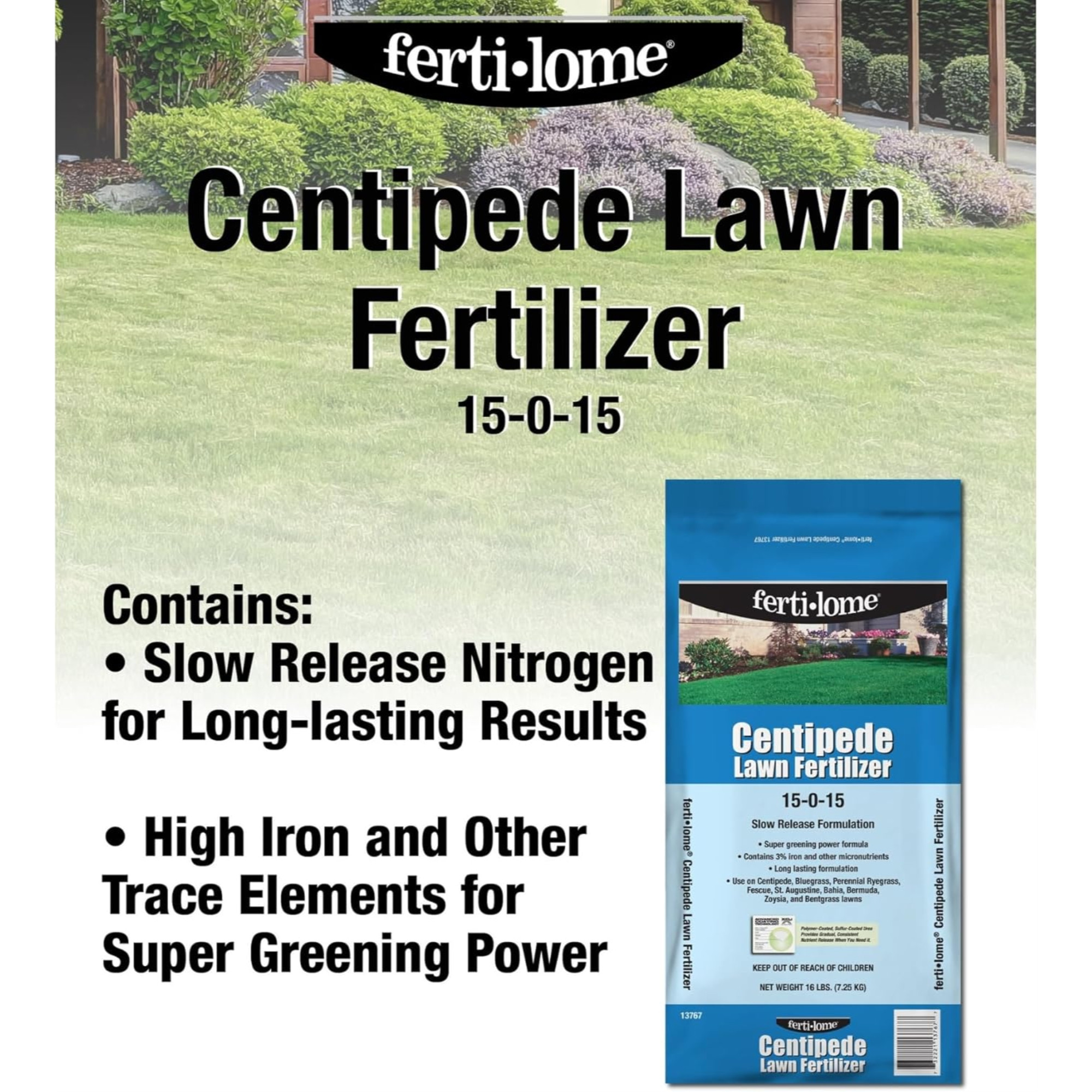 Fertilome Centipede 15-0-15 Slow-Release Lawn Fertilizer with Iron, 16lbs