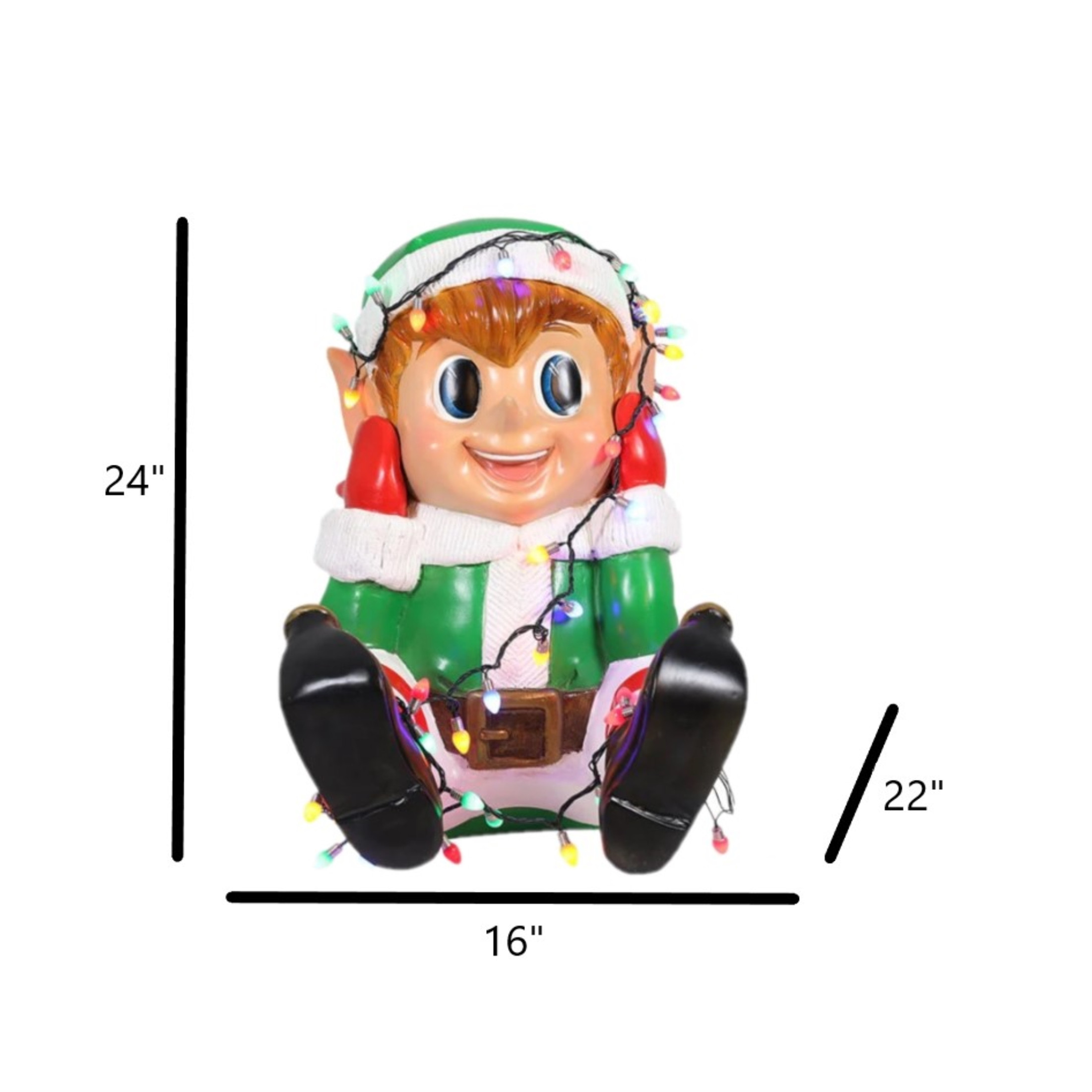 Garden Elements Fiberglass Indoor Christmas Figurine Statue Decor, Elf Boy Playing with Christmas Lights, 24"
