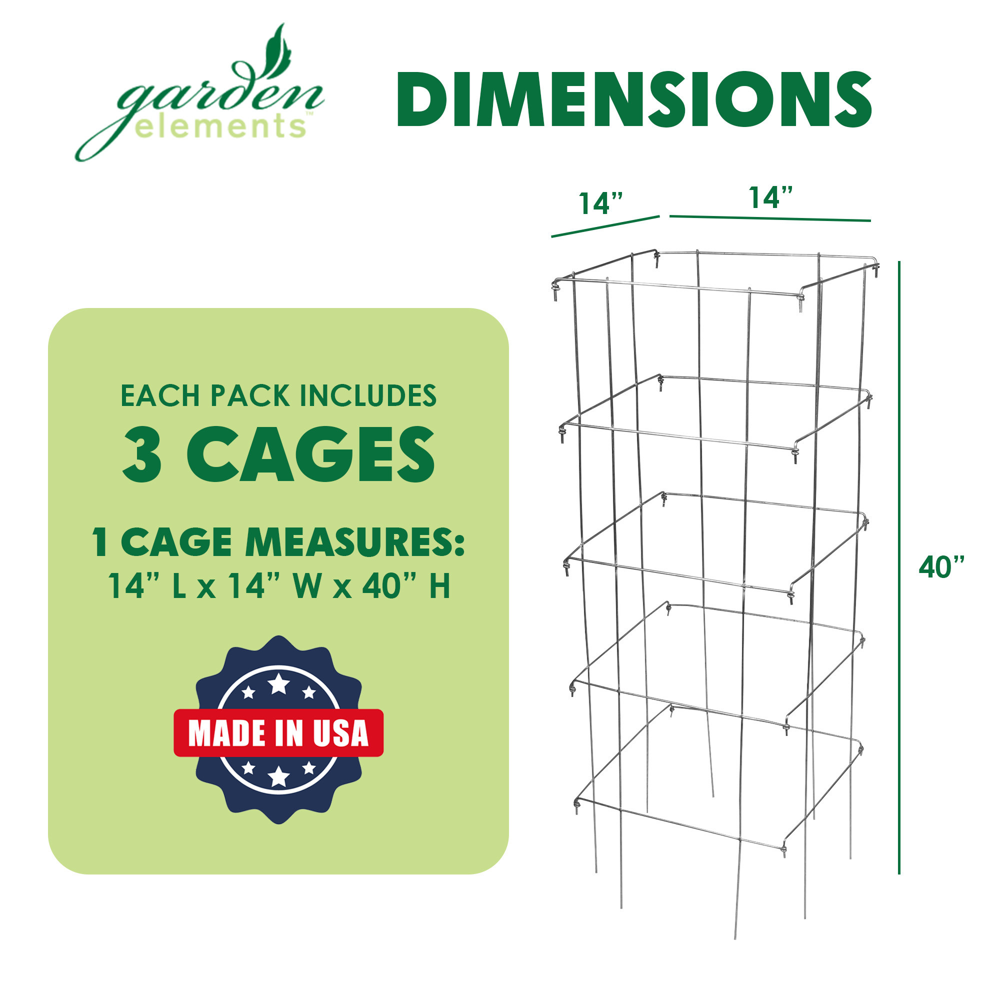 Garden Elements Square 8-Leg Heavy-Duty Collapsible Tomato Cages, 40in H (Pack of 3)
