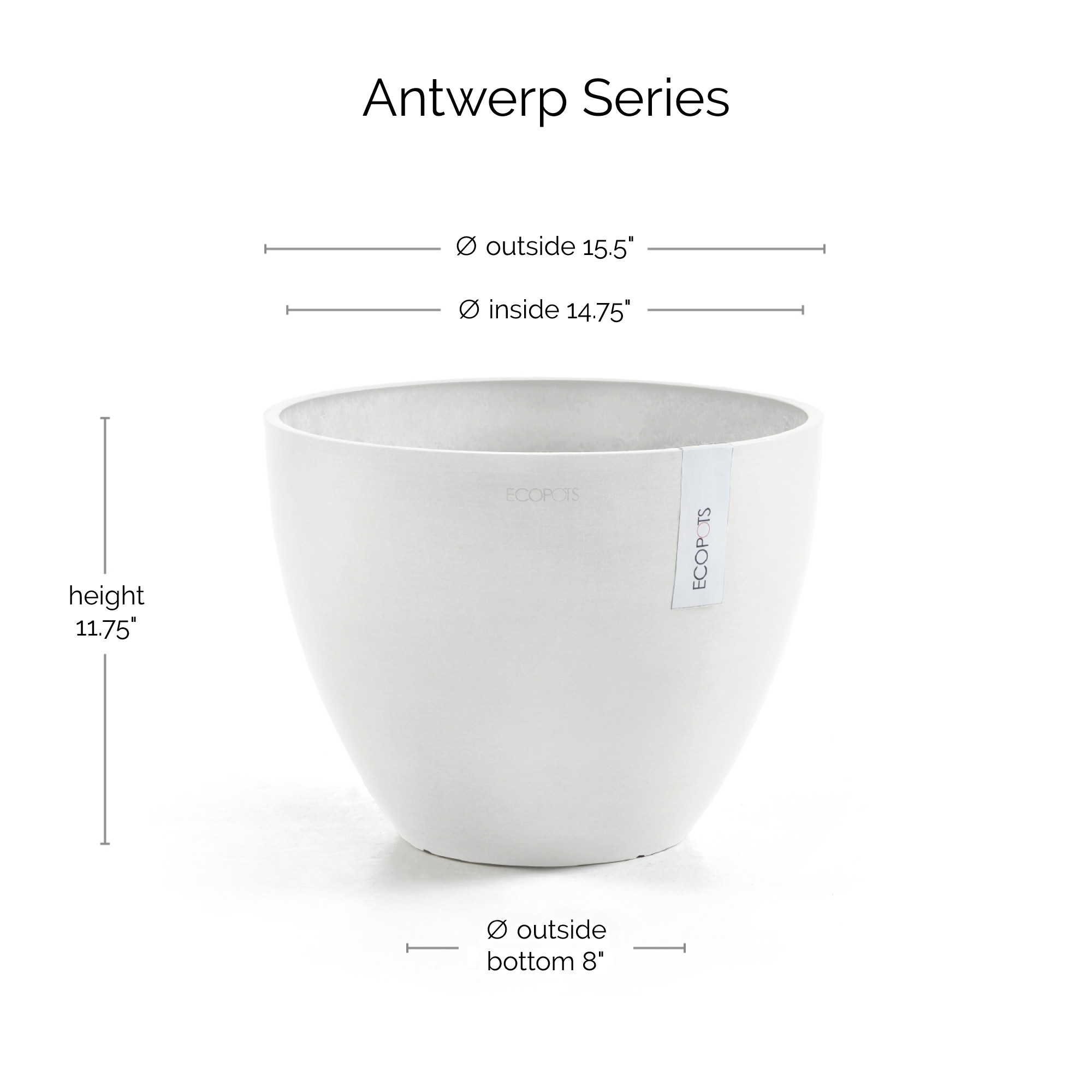 Ecopots Antwerp Indoor/Outdoor Modern Recycled Plastic Planter, Pure White, 16"