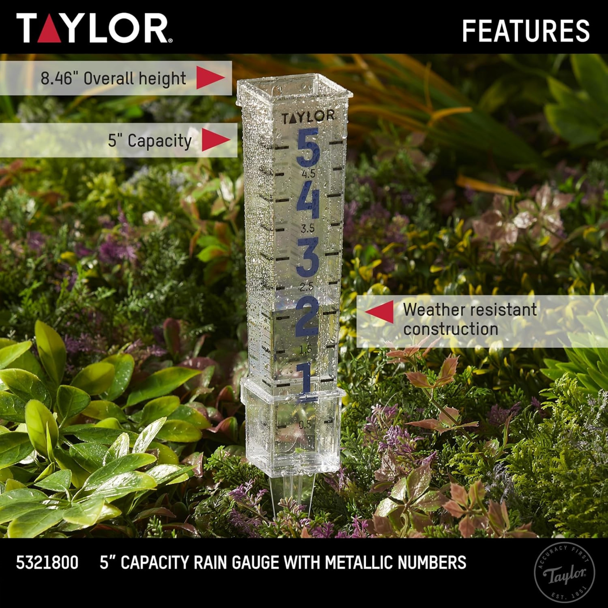 Taylor Plastic, Easy-To-Read Outdoor Rain Gauge, Clear, 5" Rain Capacity, 8.5"H