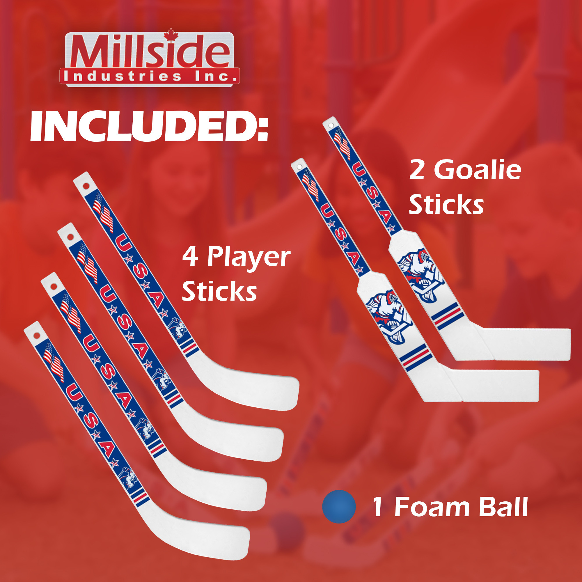 Millside USA Mini Hockey Set – 6 Durable Mini Sticks & 1 Foam Ball – Indoor/Outdoor Rec Floor Hockey Set