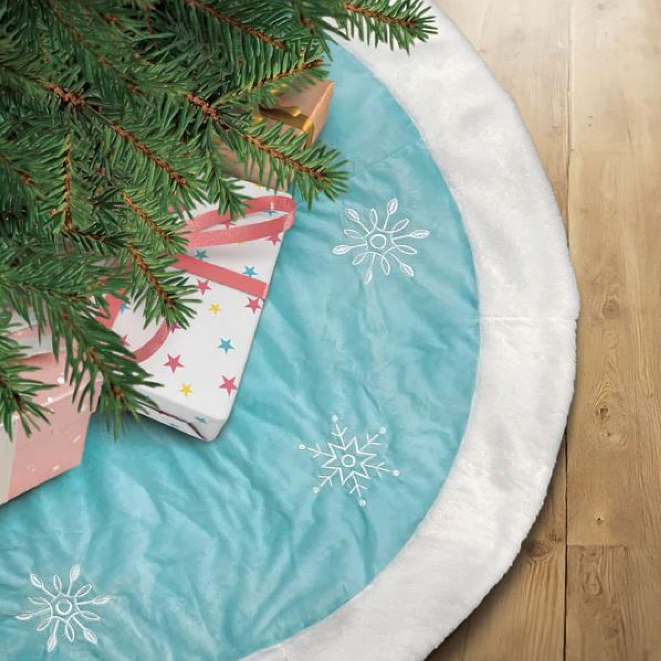 Old World Christmas Blue Embroidered Christmas Tree Skirt, Snowflakes with Faux Fur Trim, 48in
