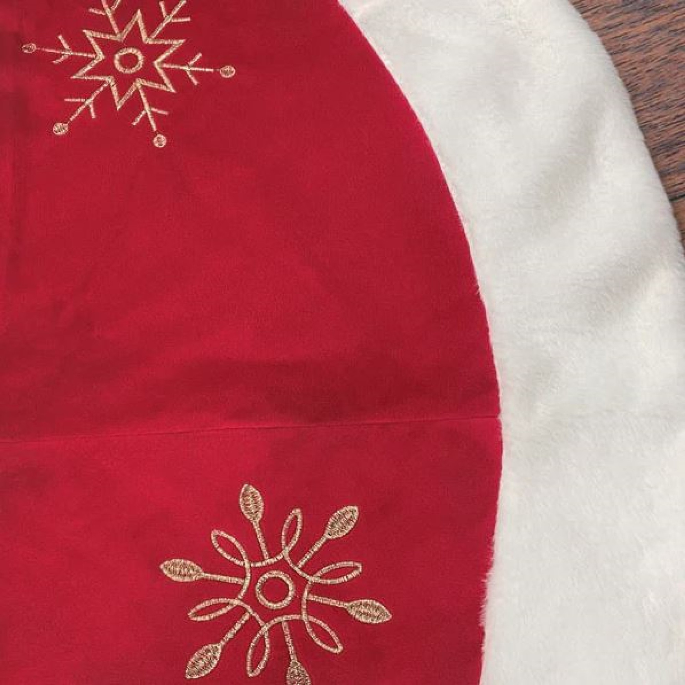 Old World Christmas Red Embroidered Christmas Tree Skirt, Snowflakes with Faux Fur Trim, 48in