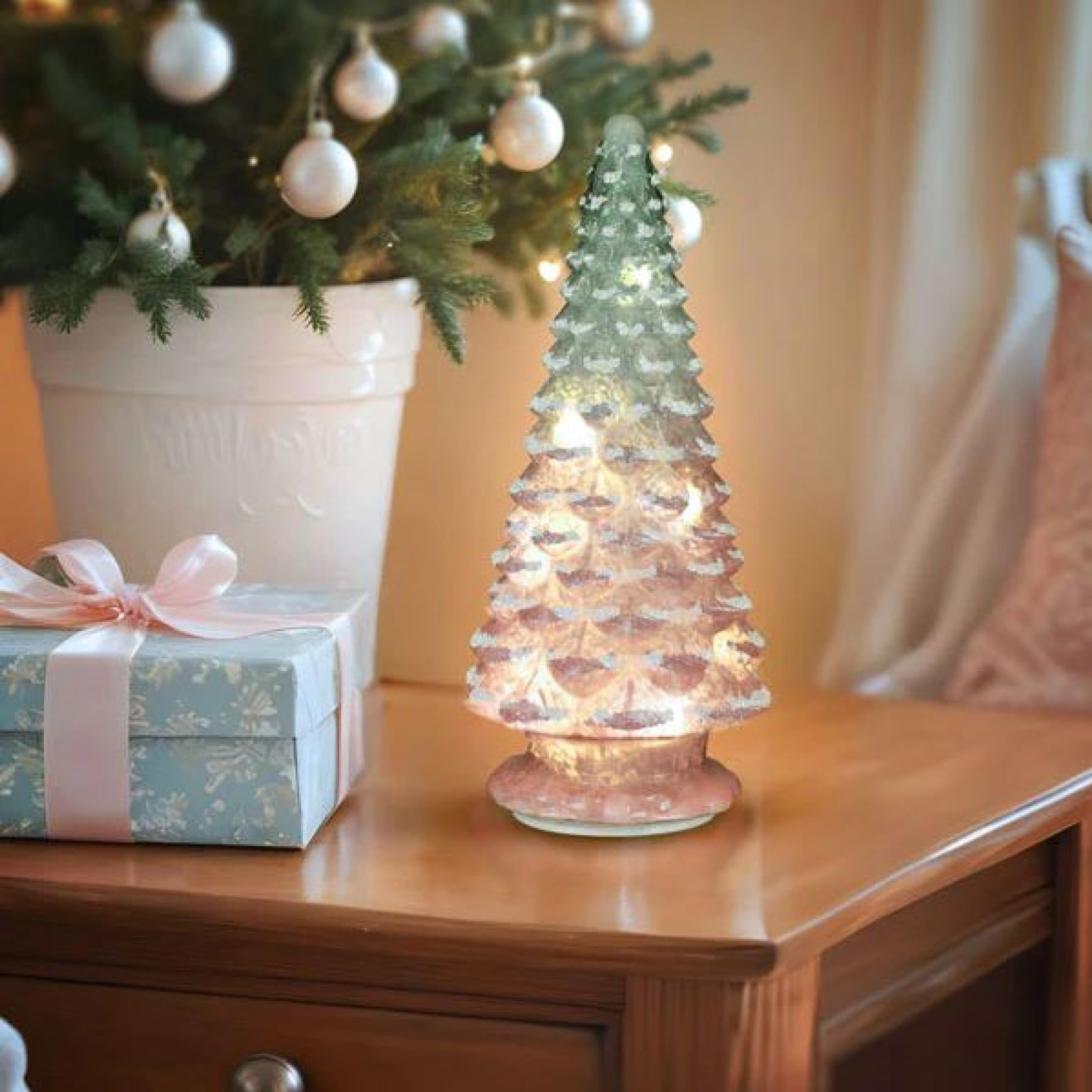 Old World Christmas Battery-Operated Pre-Lit Frosted Glass Christmas Tree, Pink and Blue, 14"