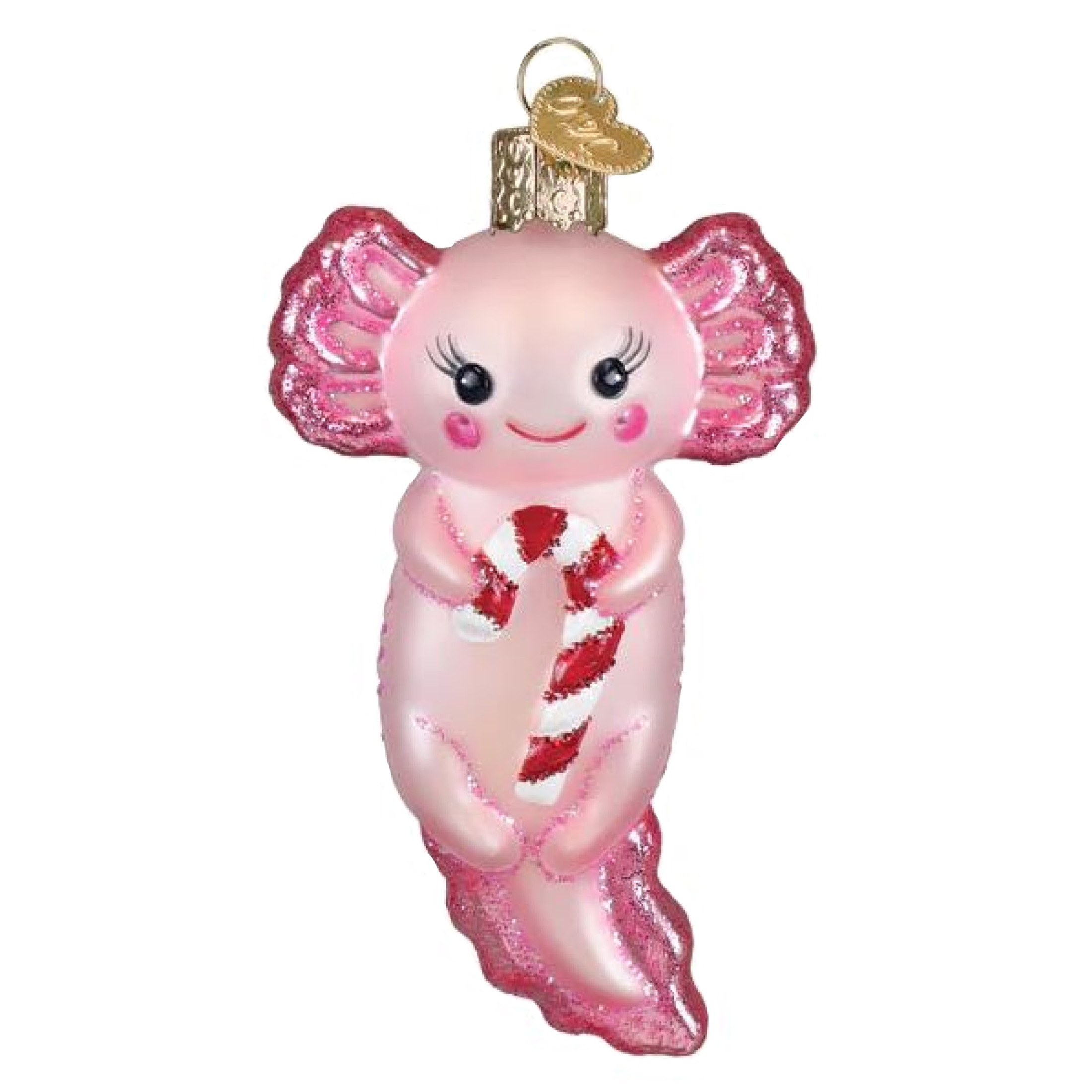 Old World Christmas Blown Glass Ornament for Christmas Tree, Axolotl with Candy Cane