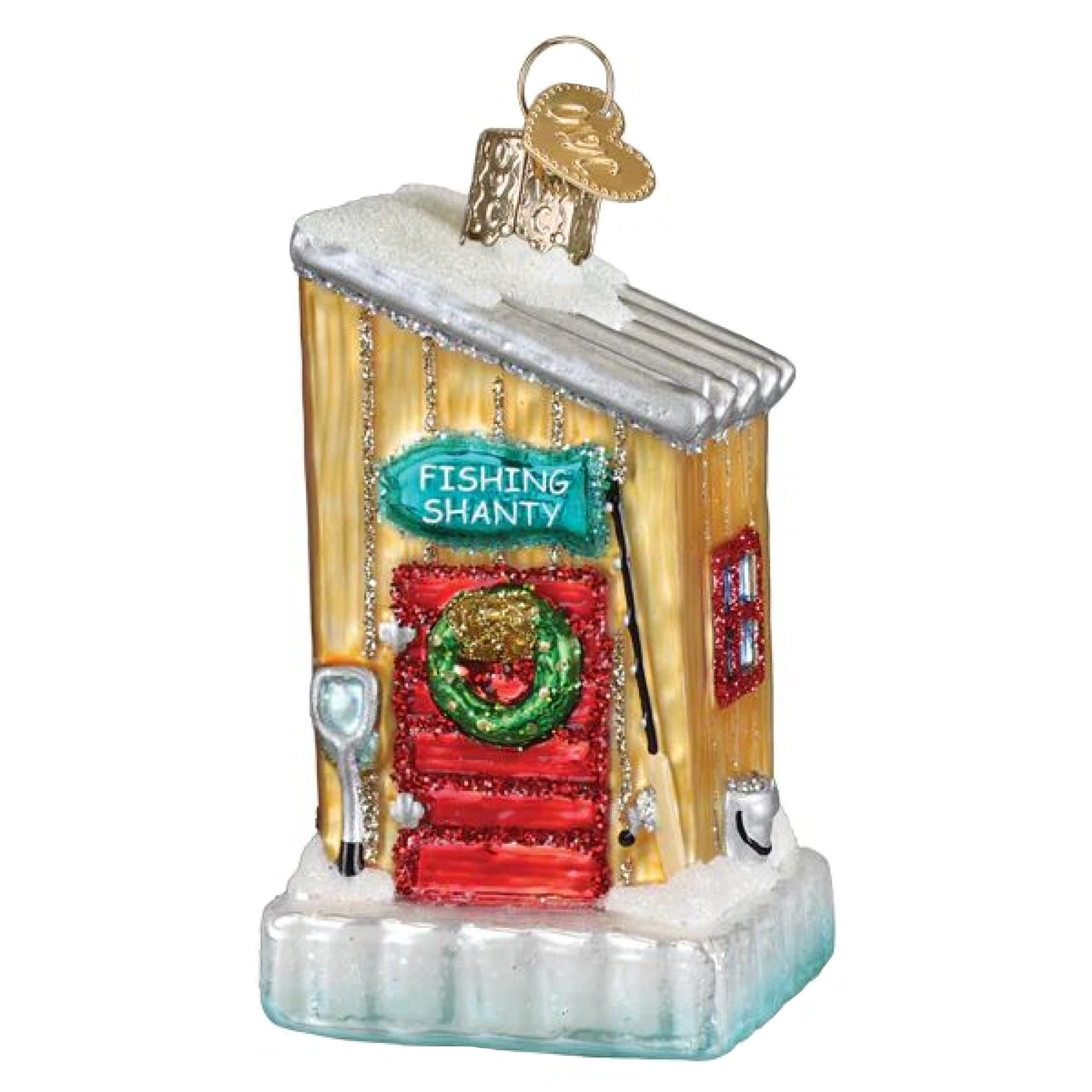 Old World Christmas Blown Glass Ornament for Christmas Tree, Ice Fishing Shanty