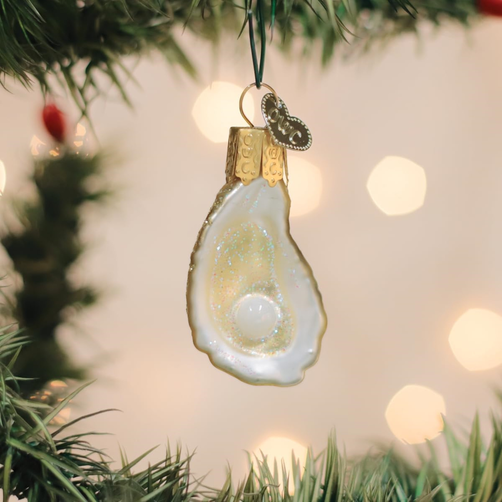 Old World Christmas Blown Glass Mini Ornament for Christmas Tree, Oyster with Pearl
