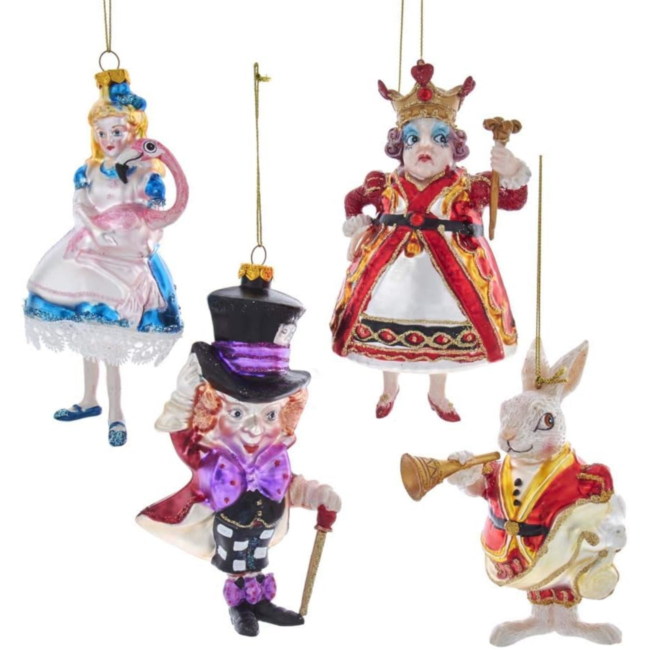 Kurt Adler Noble Gems Glass Ornaments for Christmas Tree, Alice In Wonderland (4-Piece Box Set)
