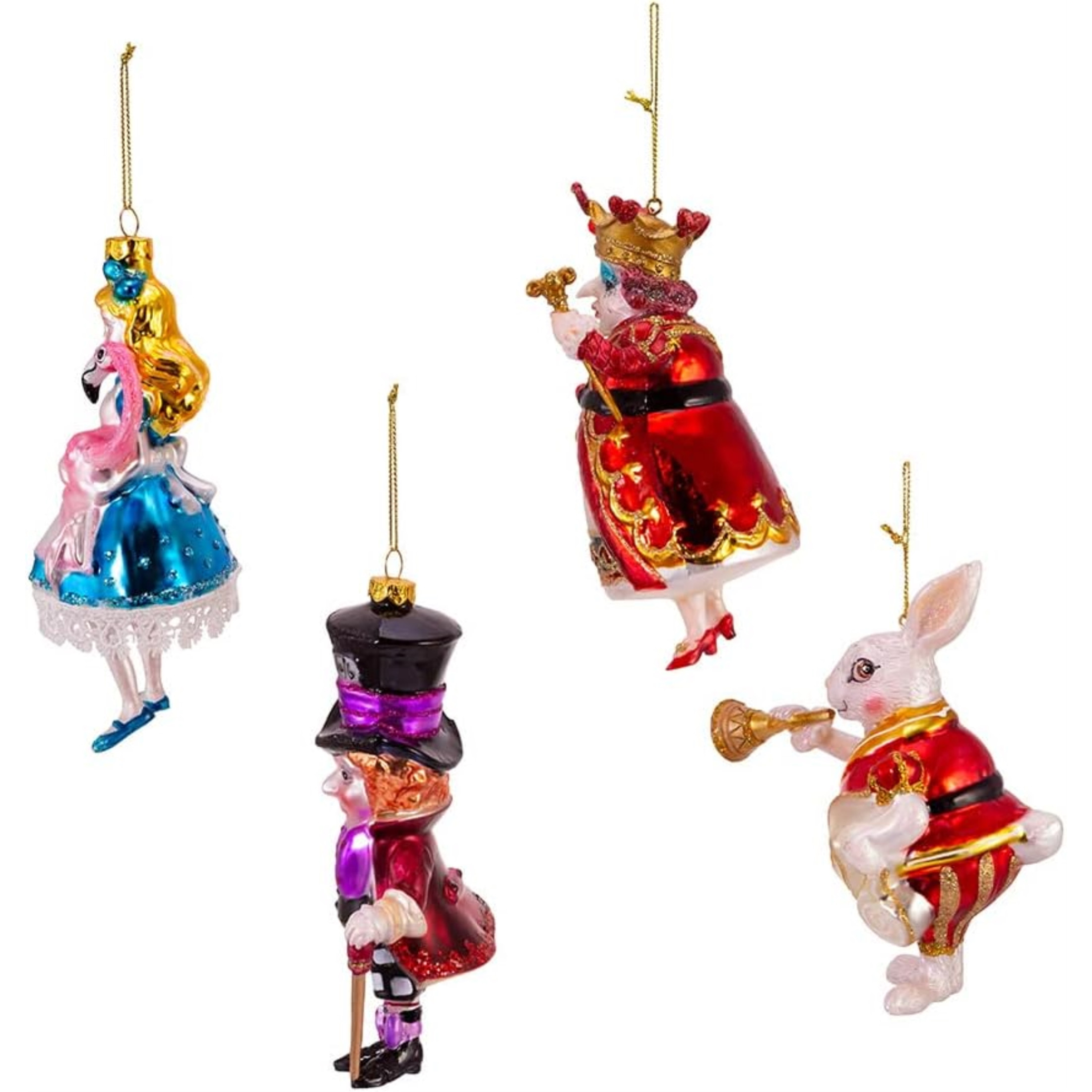 Kurt Adler Noble Gems Glass Ornaments for Christmas Tree, Alice In Wonderland (4-Piece Box Set)