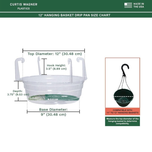 Curtis Wagner Plastics Hanging Basket Drip Pan with 4 Molded Hooks, Clear — 12"