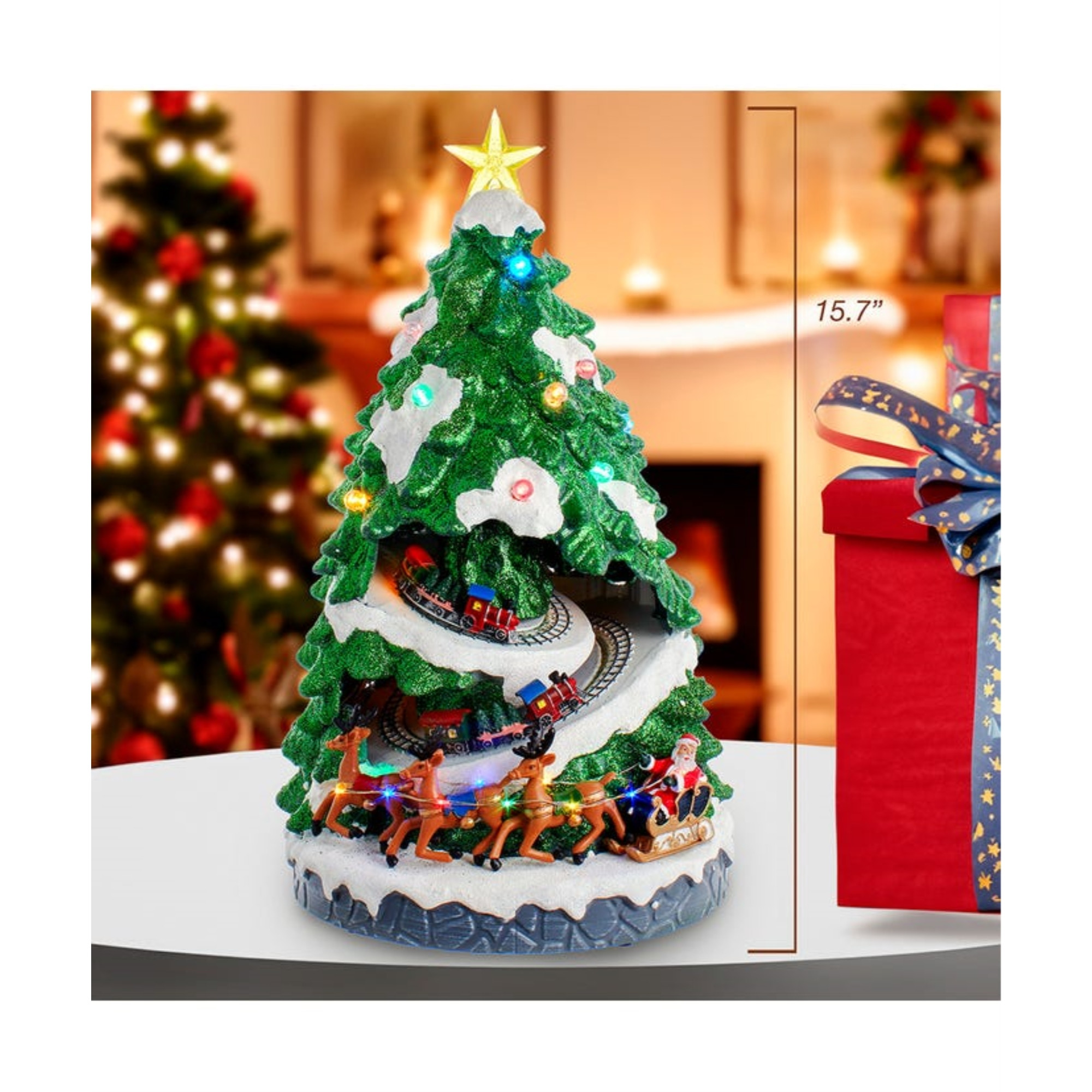 Kurt Adler Light Up Musical Christmas Tree with Moving Train Figurine, 15.7in