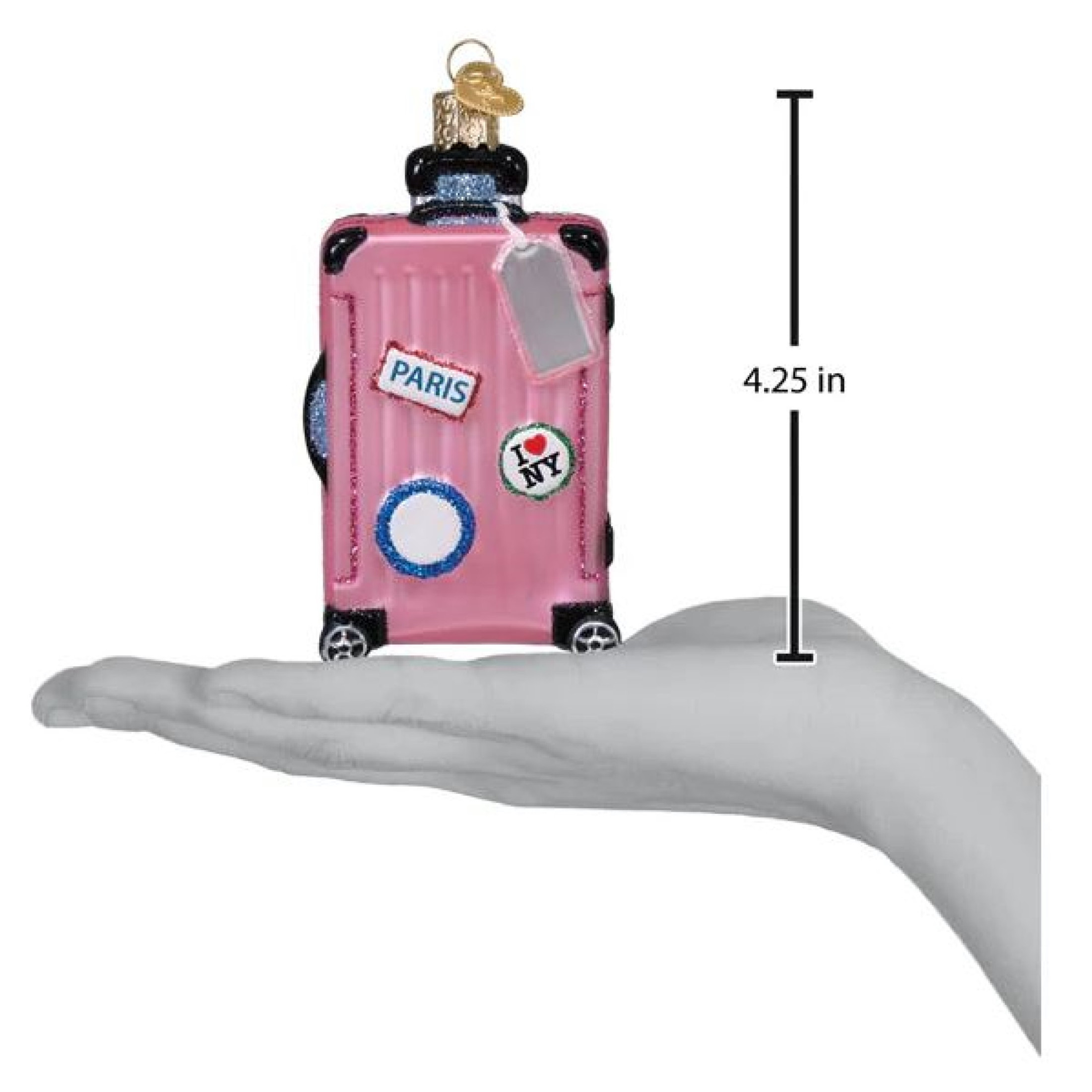 Old World Christmas Blown Glass Ornament for Christmas Tree, Pink Rolling Suitcase