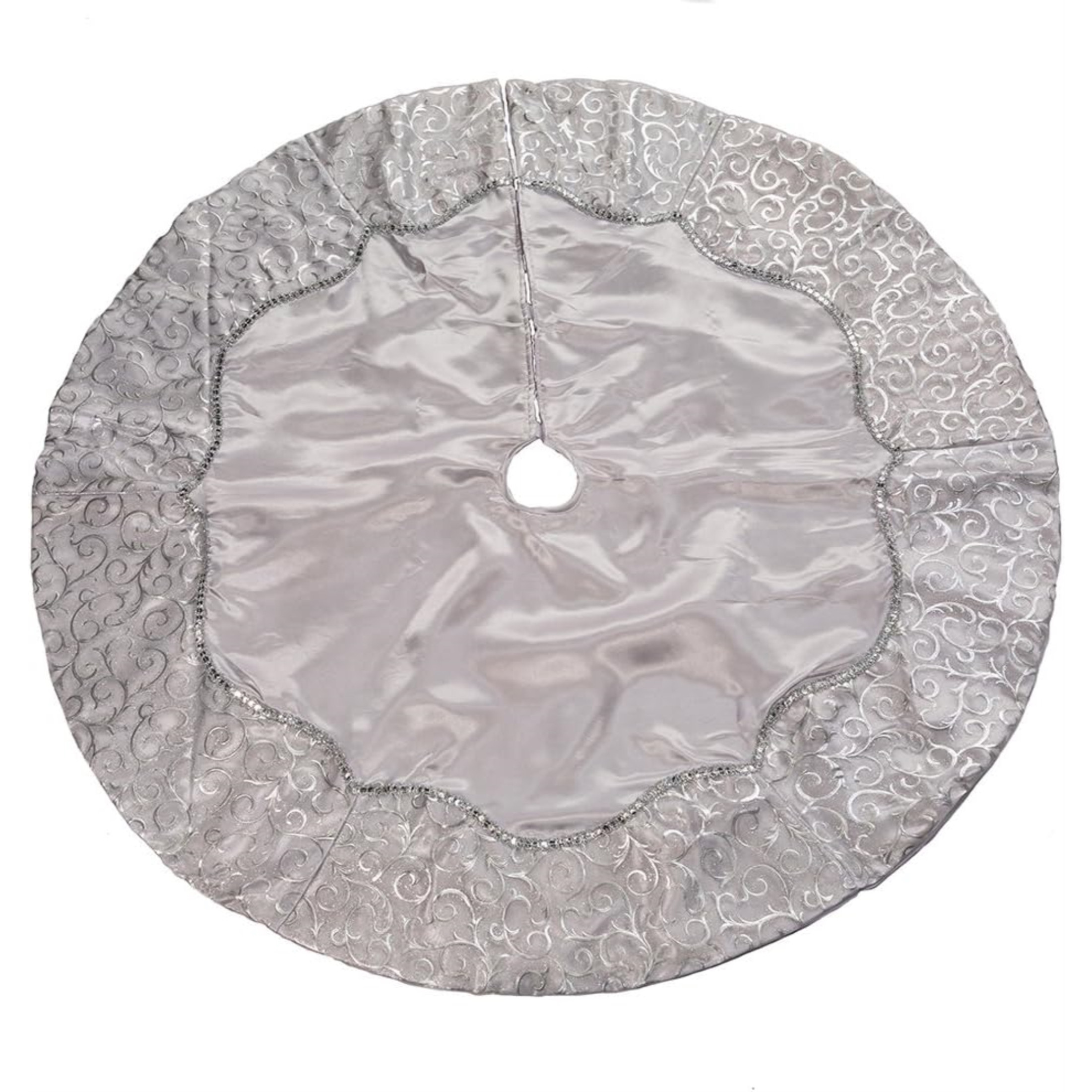 Kurt Adler Christmas Satin Tree Skirt with Sequined Border, Silver, 48in