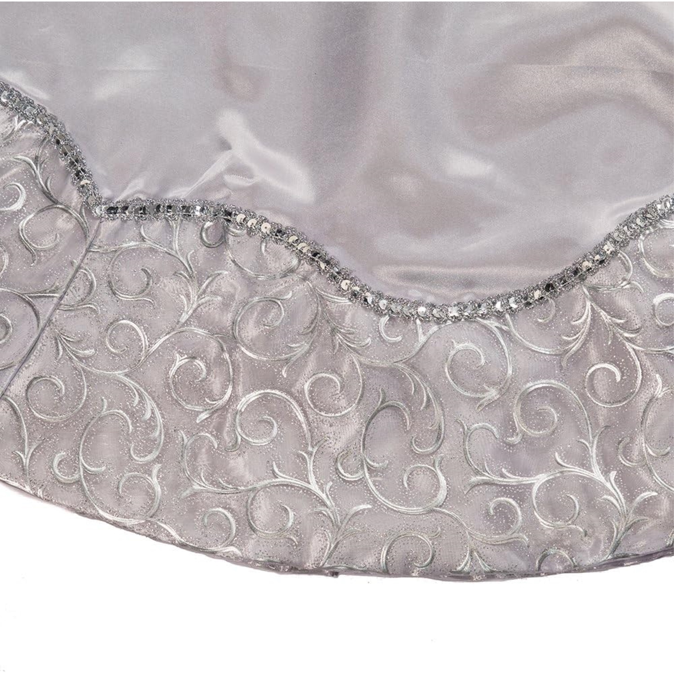 Kurt Adler Christmas Satin Tree Skirt with Sequined Border, Silver, 48in
