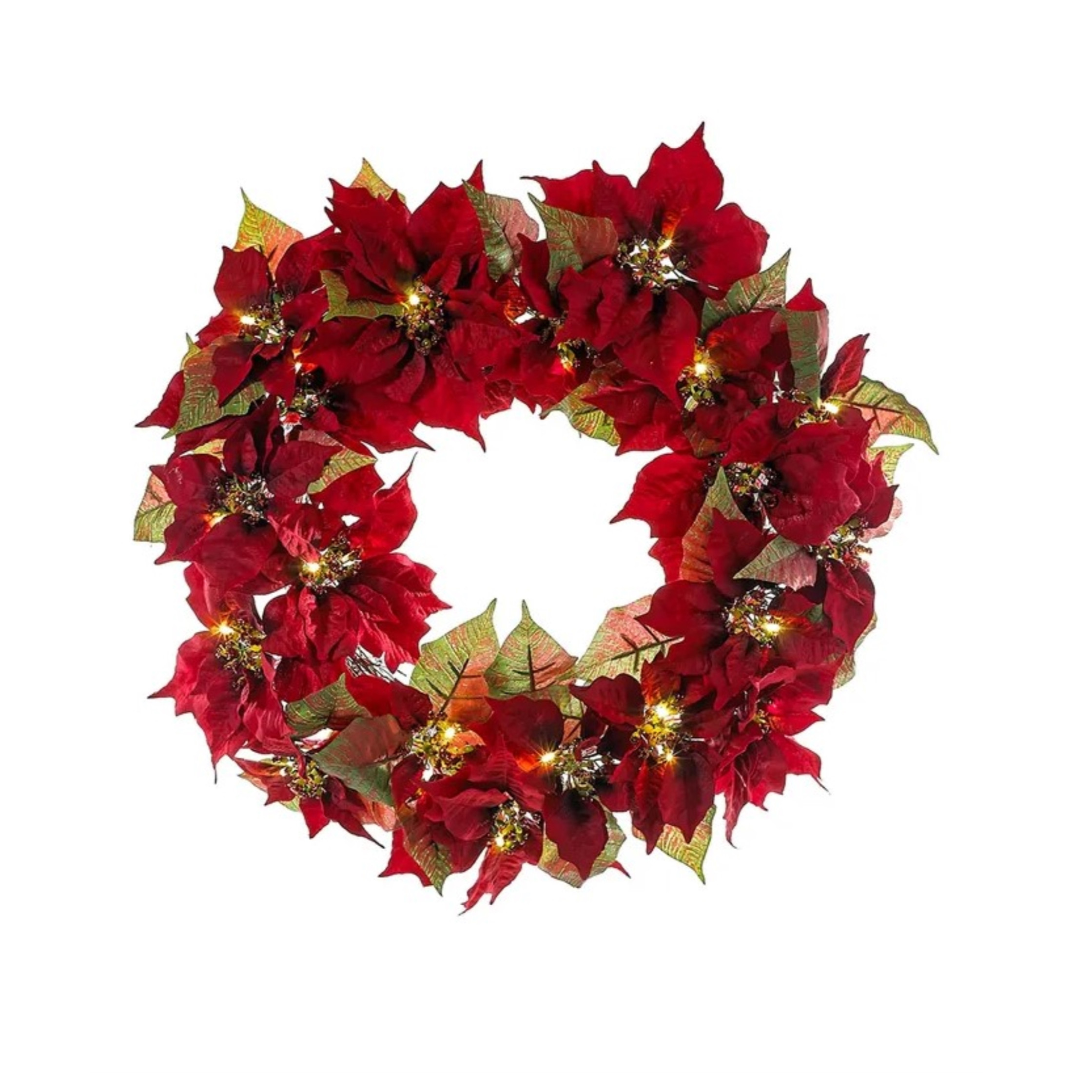 Kurt Adler Lit Christmas Poinsettia Wreath, Warm White LED Light, 24in