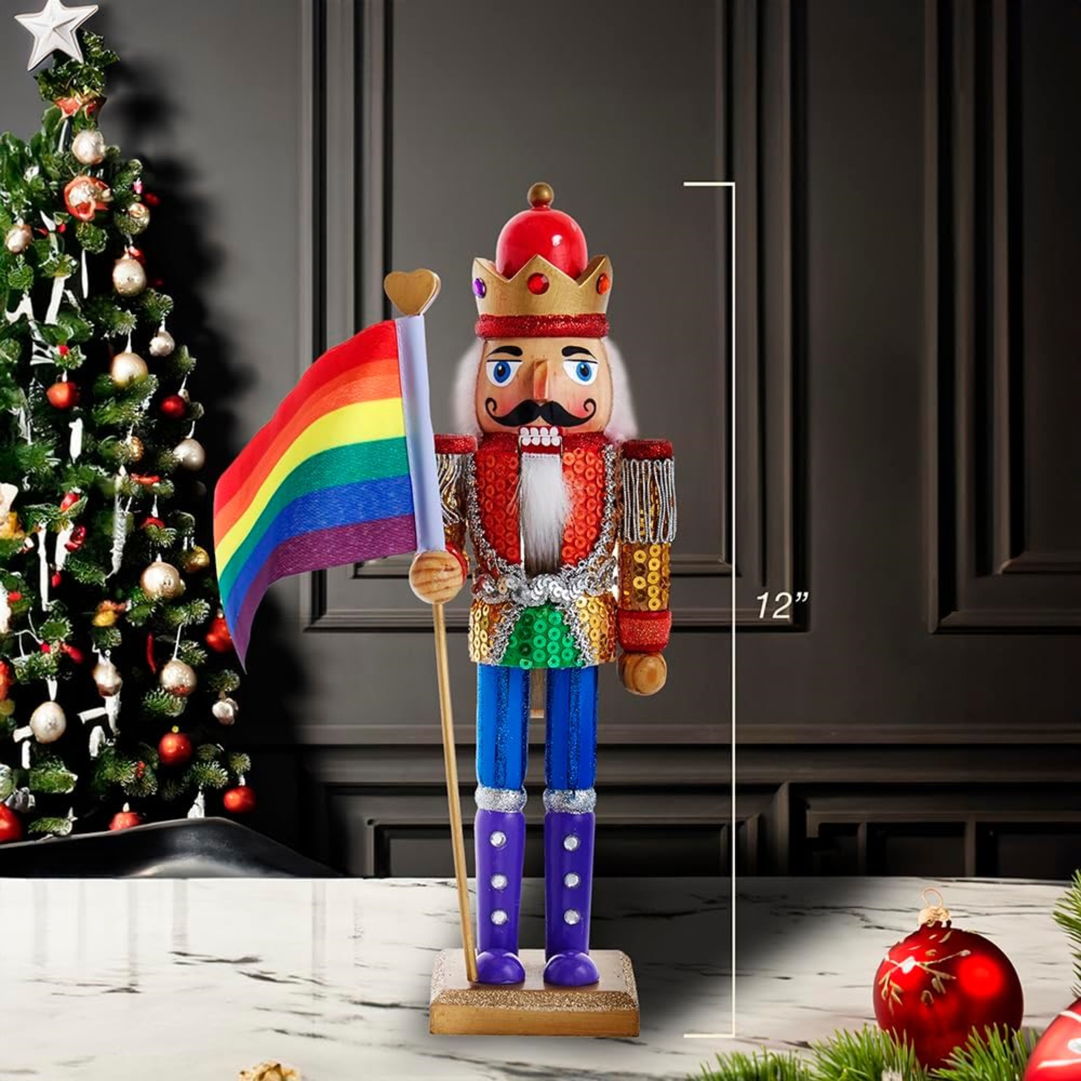 Kurt Adler Wooden Nutcrackers, Gay Pride Nutcracker with Colorful Pride Flag, 12"