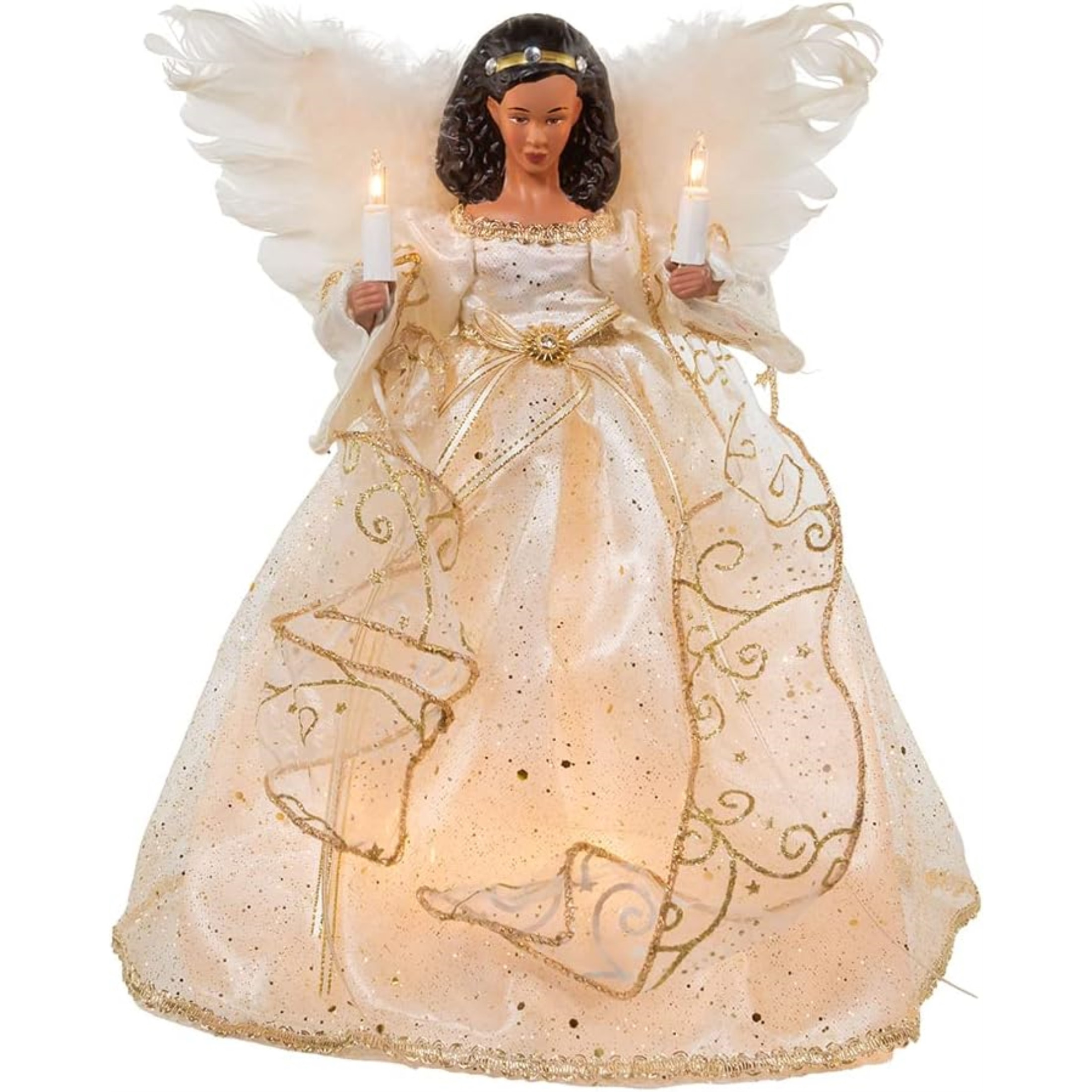 Kurt Adler Lighted Christmas Tree Treetop, 10-Lights, African American Angel, Ivory & Gold, 12"