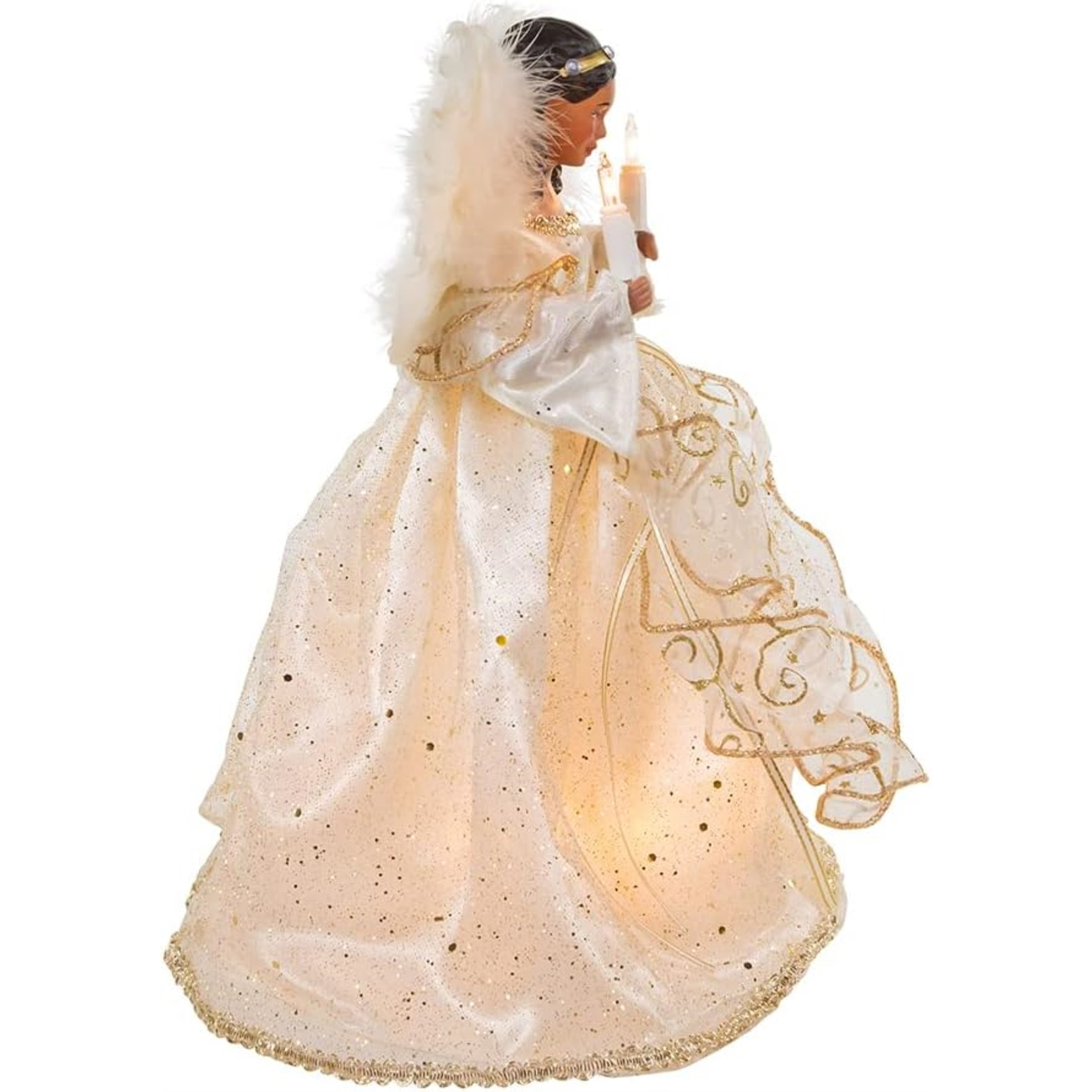 Kurt Adler Lighted Christmas Tree Treetop, 10-Lights, African American Angel, Ivory & Gold, 12"