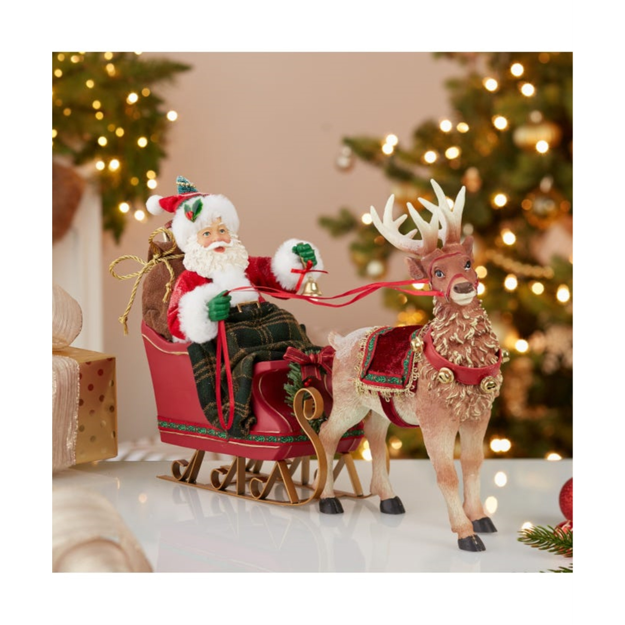 Kurt Adler Fabriche Christmas Figurine, Santa with Sleigh & Reindeer, 10in