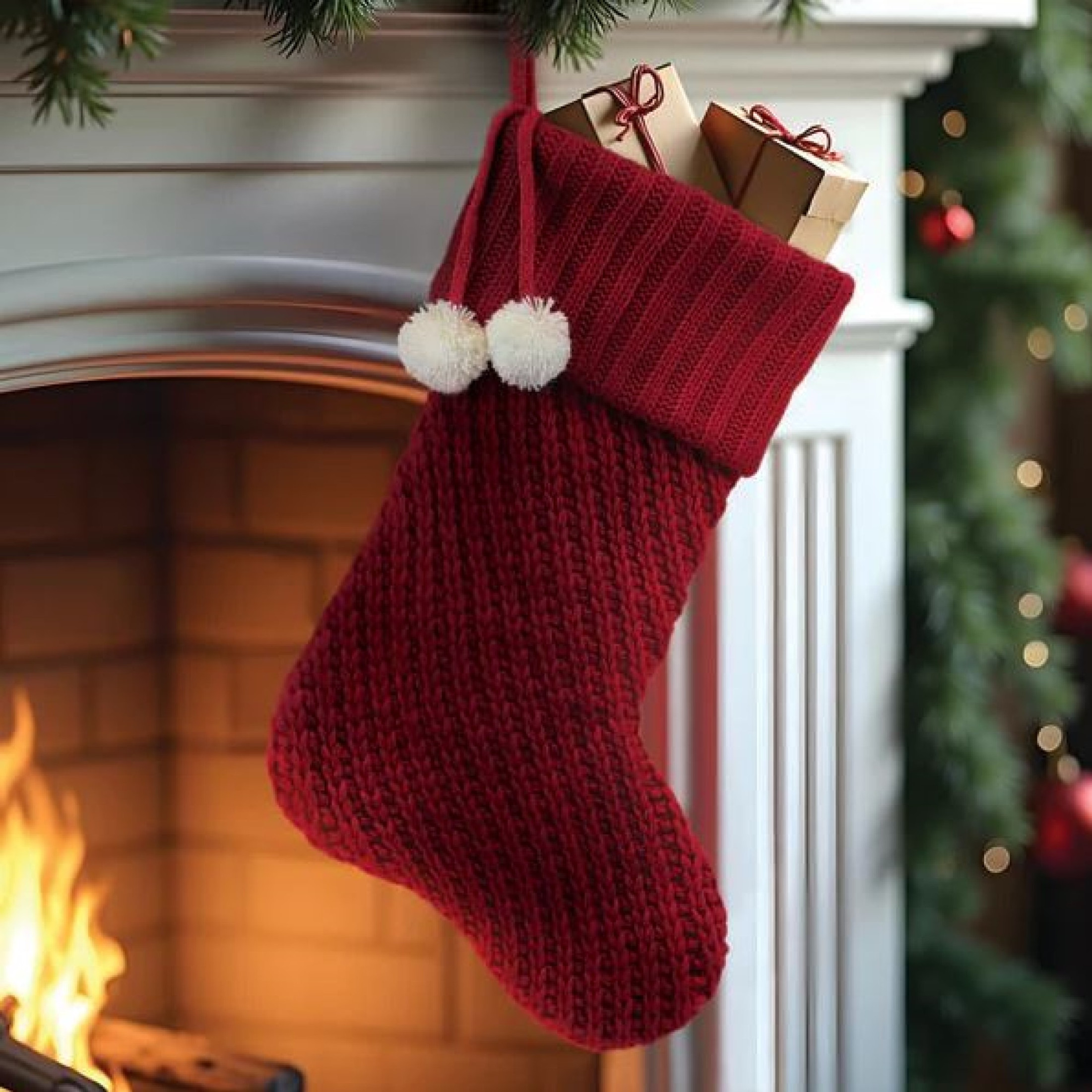 Old World Christmas Knit Christmas Stocking, With White Pompoms, 24in