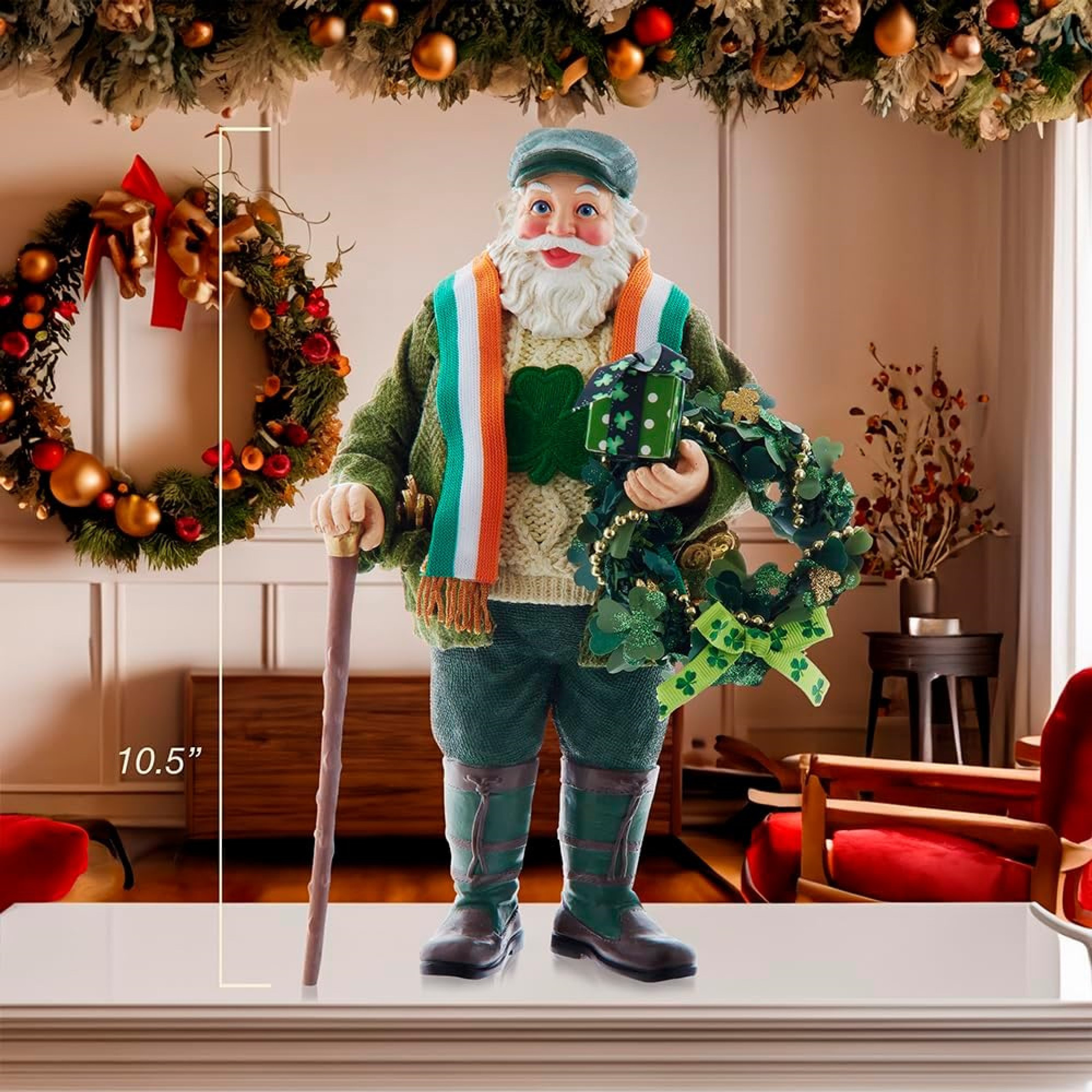 Kurt Adler Fabriche Christmas Figurine, Musical Irish Santa with Wreath, 10.5in