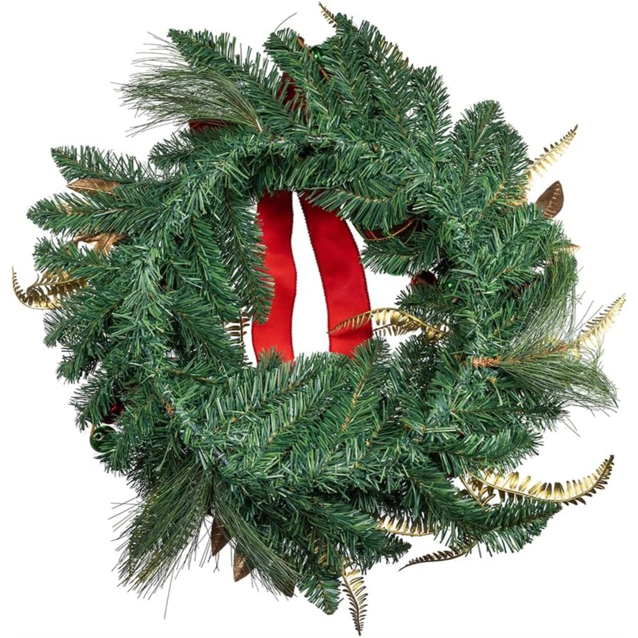 Kurt Adler Unlit Christmas Wreath, Gold, Red, and Green Ribbon, 24in