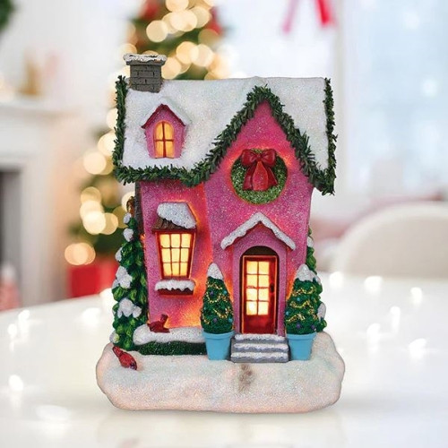 Old World Christmas Lighted Resin Holiday Tabletop Figurine with Timer, Holiday House, 7"