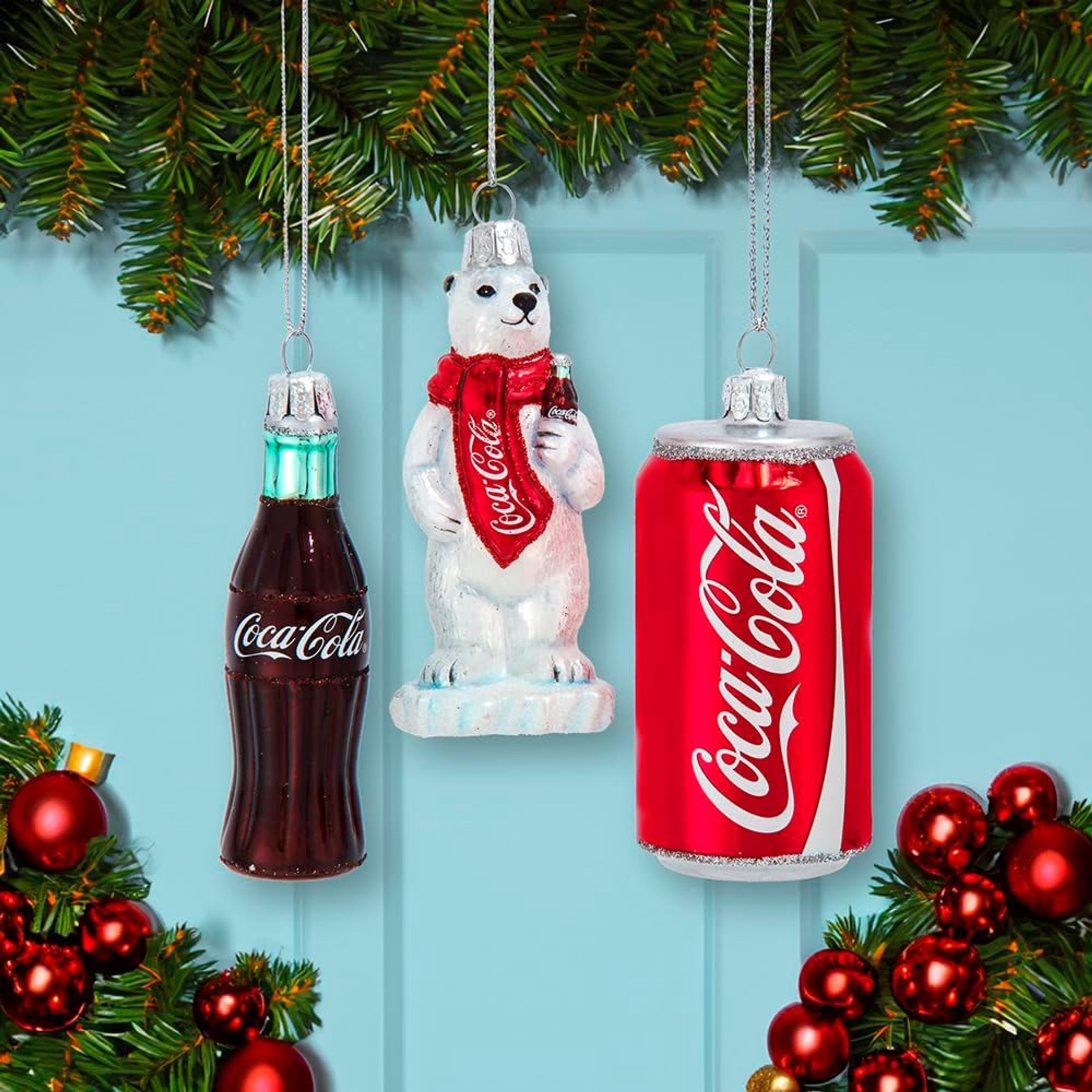 Kurt Adler Glass Ornament for Christmas Tree, Miniature Coca-Cola Icons (Set of 3)