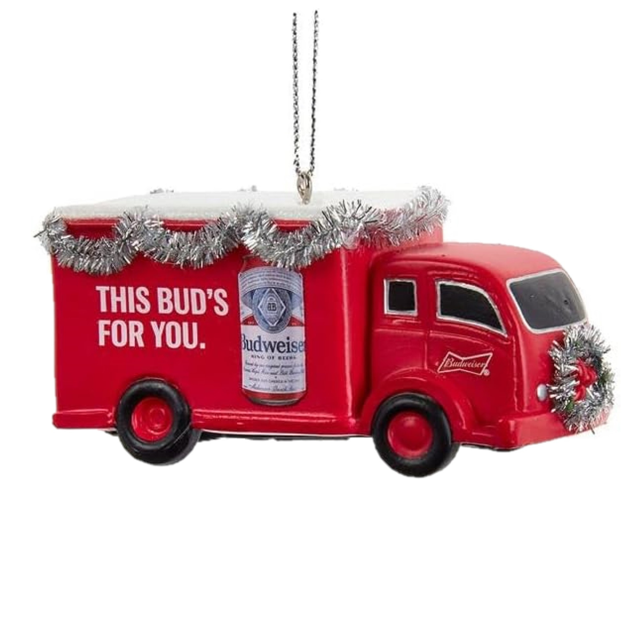 Kurt Adler Plastic Ornament for Christmas Tree, Budweiser Red Truck with Garland