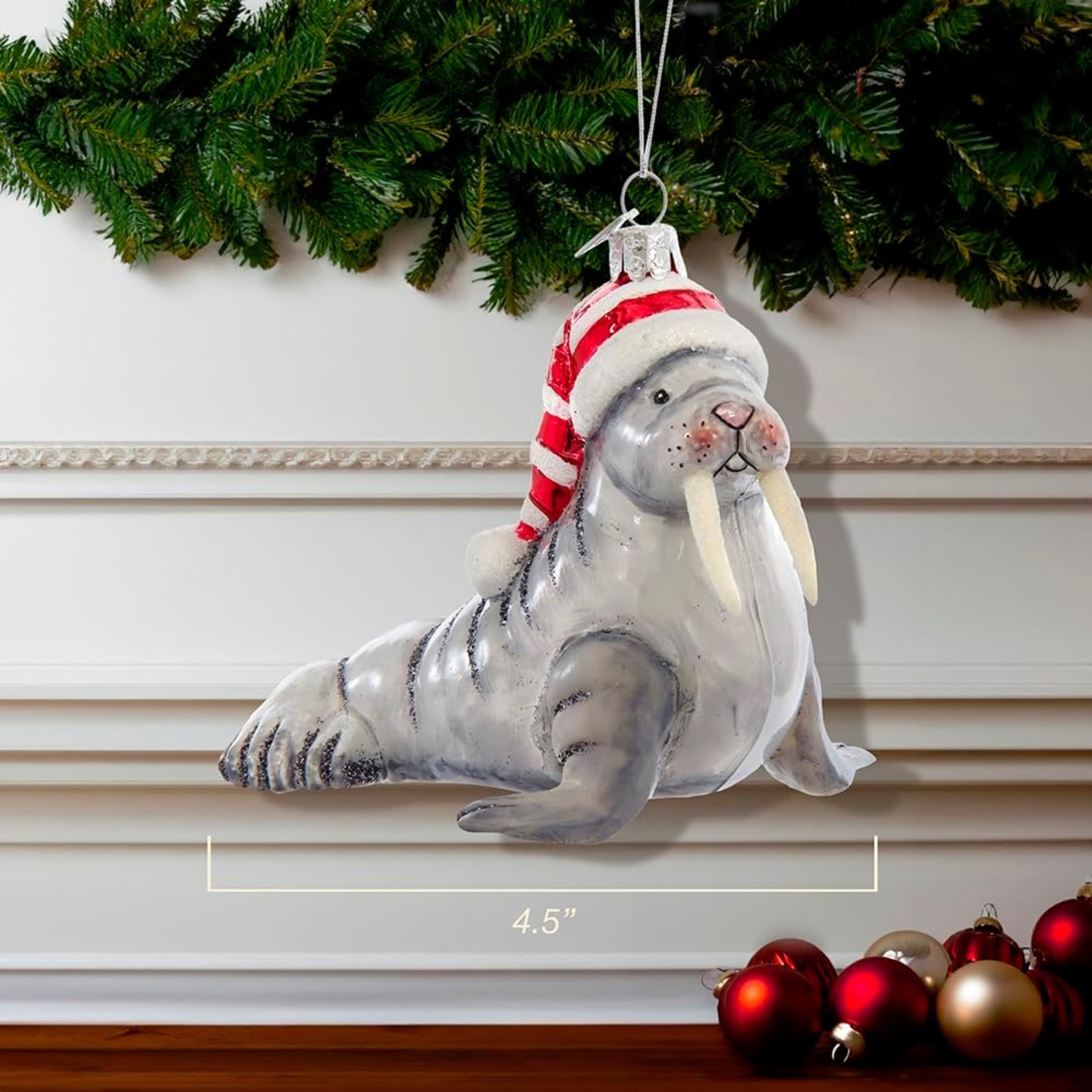 Kurt Adler Noble Gems Glass Ornament for Christmas Tree, Walrus with Hat, 4.5"