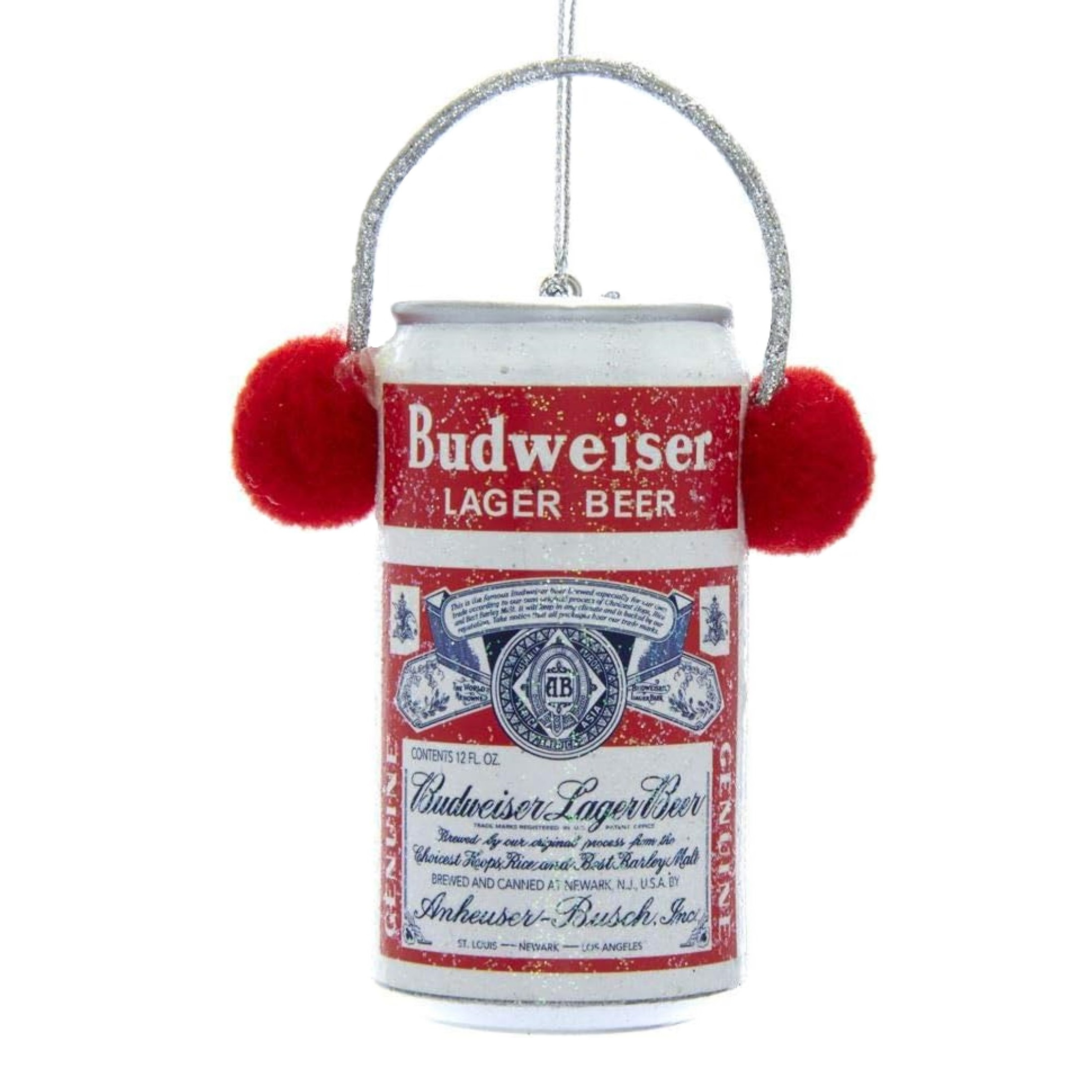 Kurt Adler Plastic Ornament for Christmas Tree, Budweiser Can with Ear Muffs