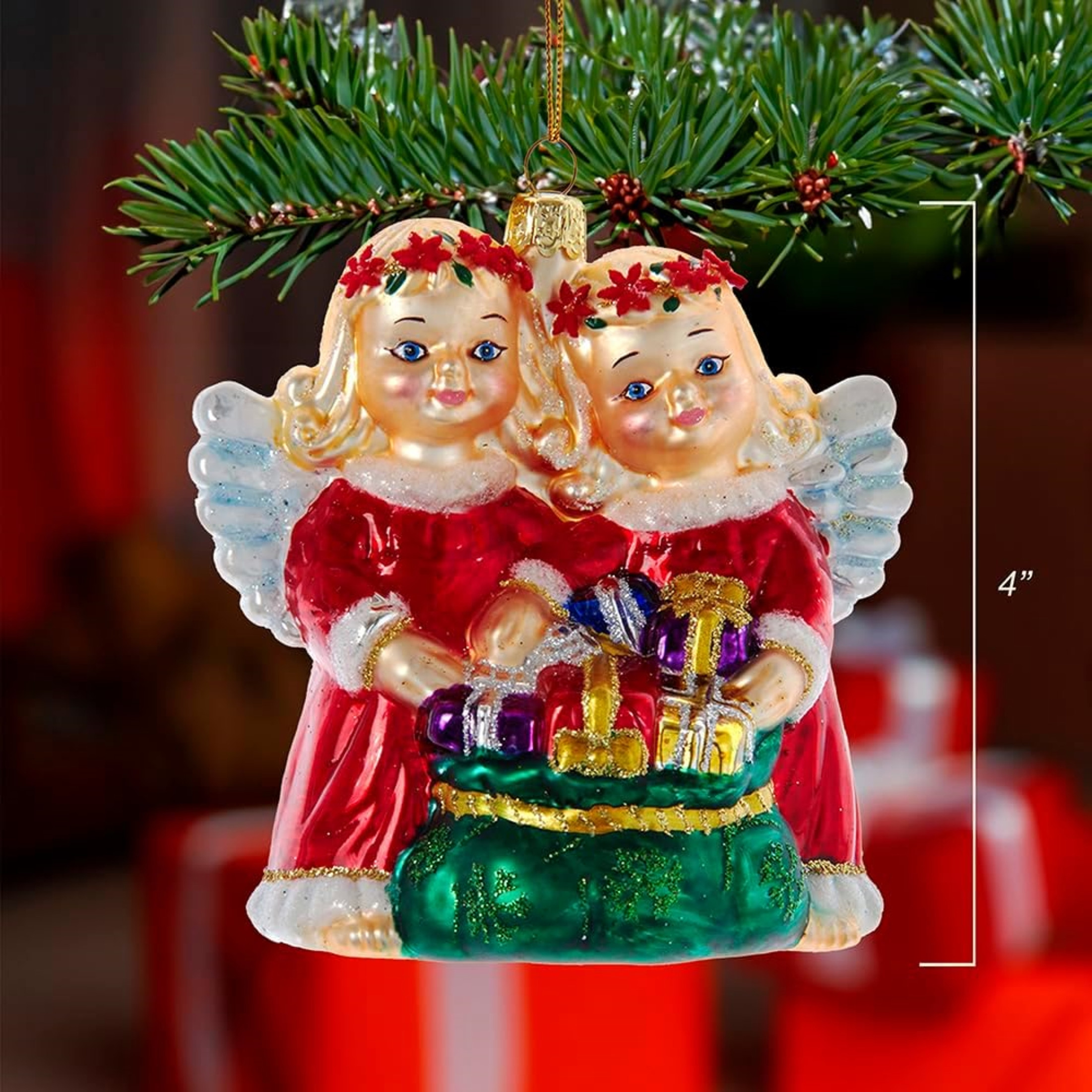 Kurt Adler Noble Gems Glass Ornament for Christmas Tree, Angels with Bag of Gifts, 4"