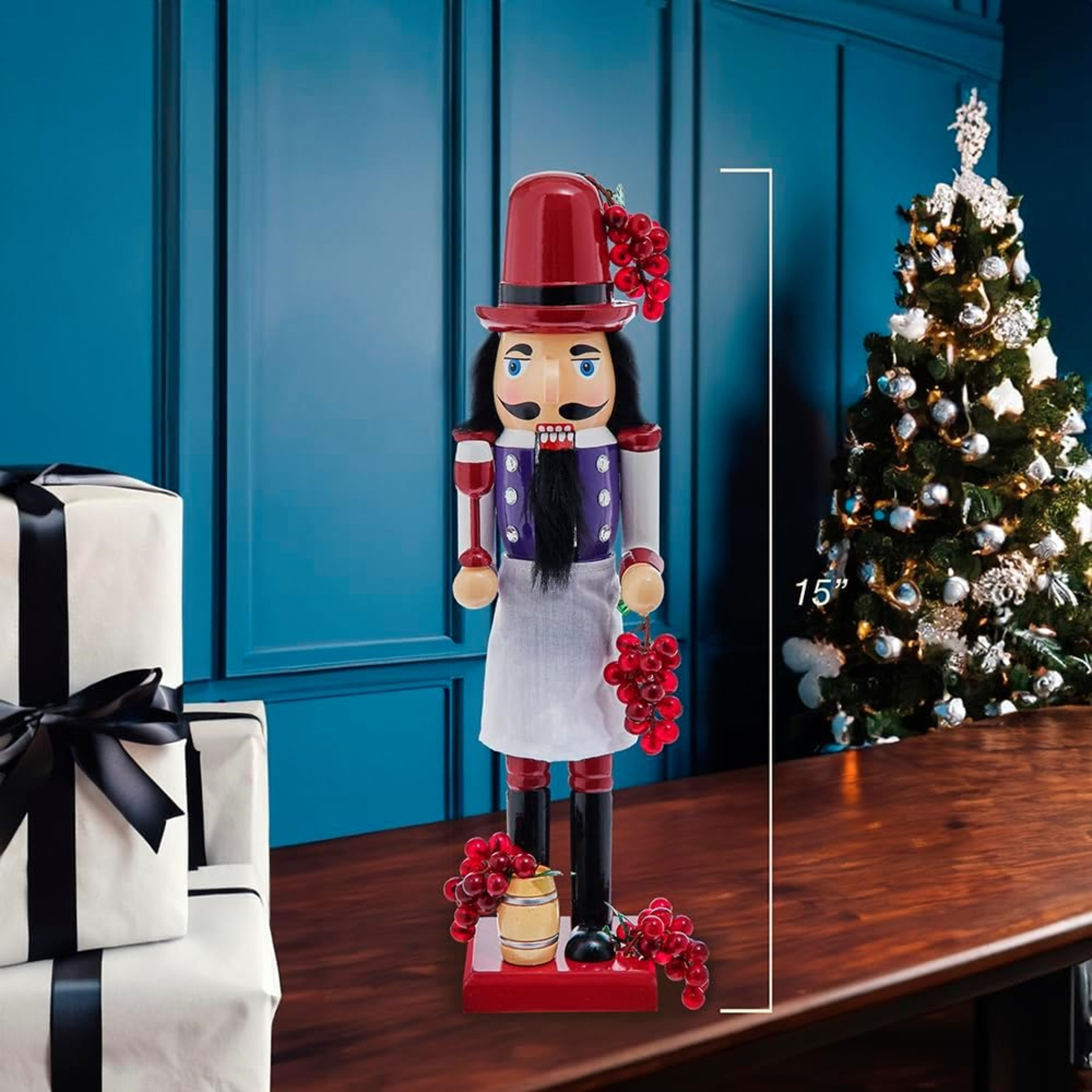 Kurt Adler Wooden Nutcrackers, Wine – Festive Holiday Decor with Grapes and Wine Glass Accents, 15in