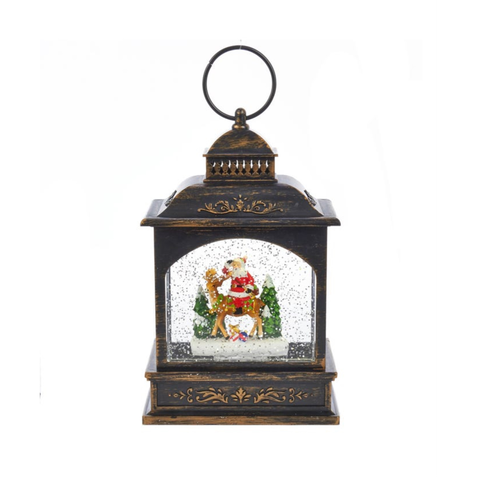 Kurt Adler Battery Operated LED Santa Lantern with Twirling Snow Motion, 9"