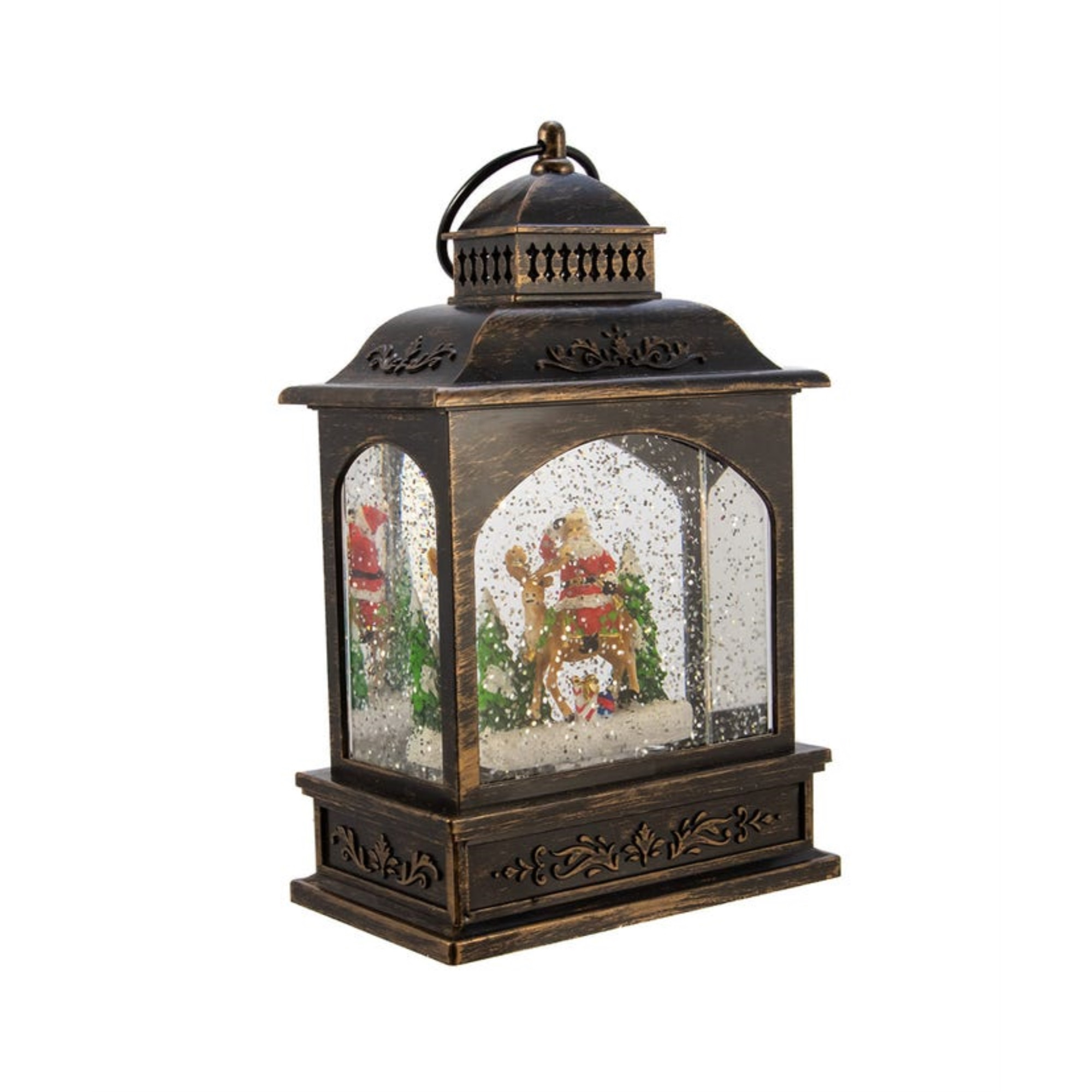 Kurt Adler Battery Operated LED Santa Lantern with Twirling Snow Motion, 9"