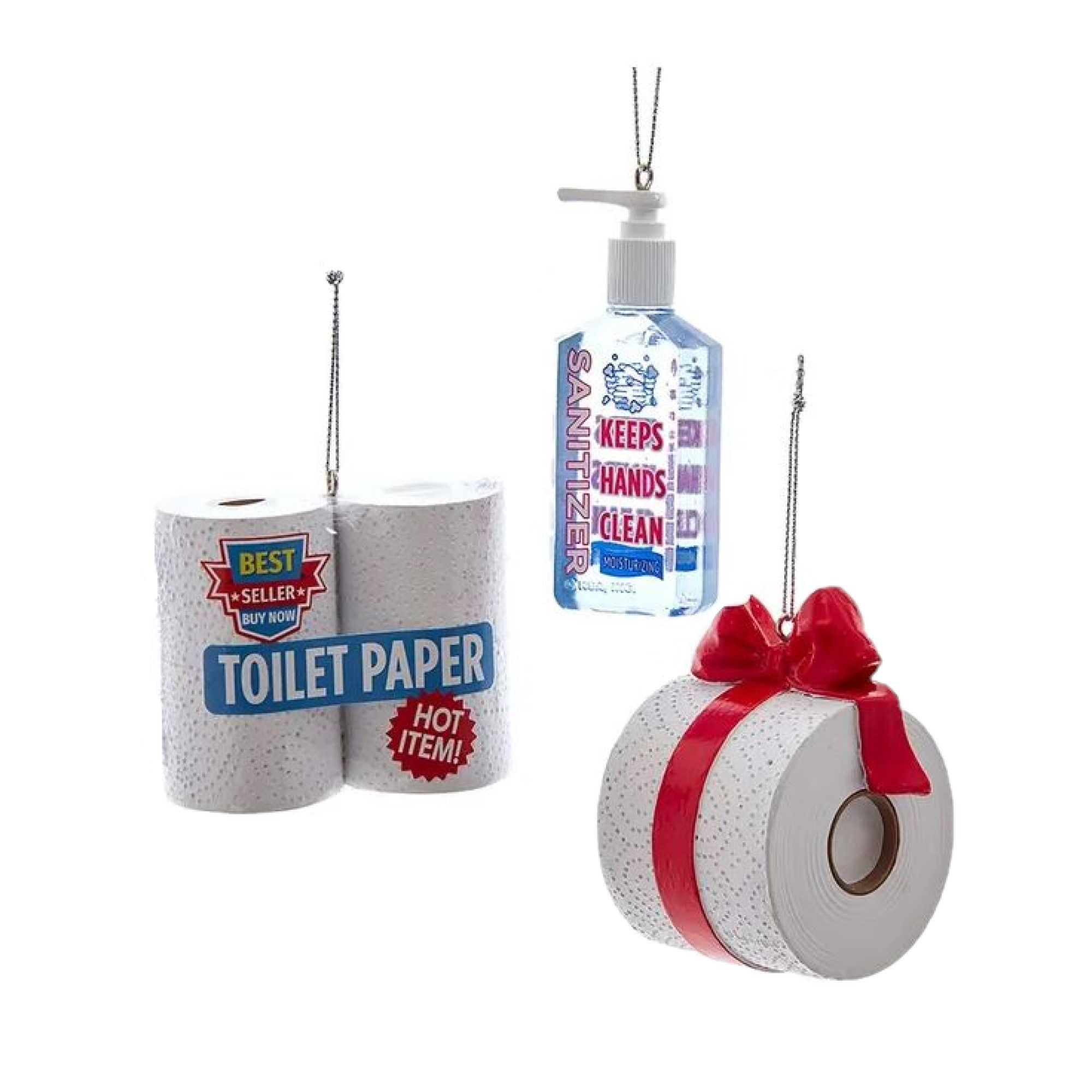 Kurt Adler Resin Ornaments for Christmas Tree, Hand Sanitizer & Toilet Paper, Assorted (3-Piece Set)
