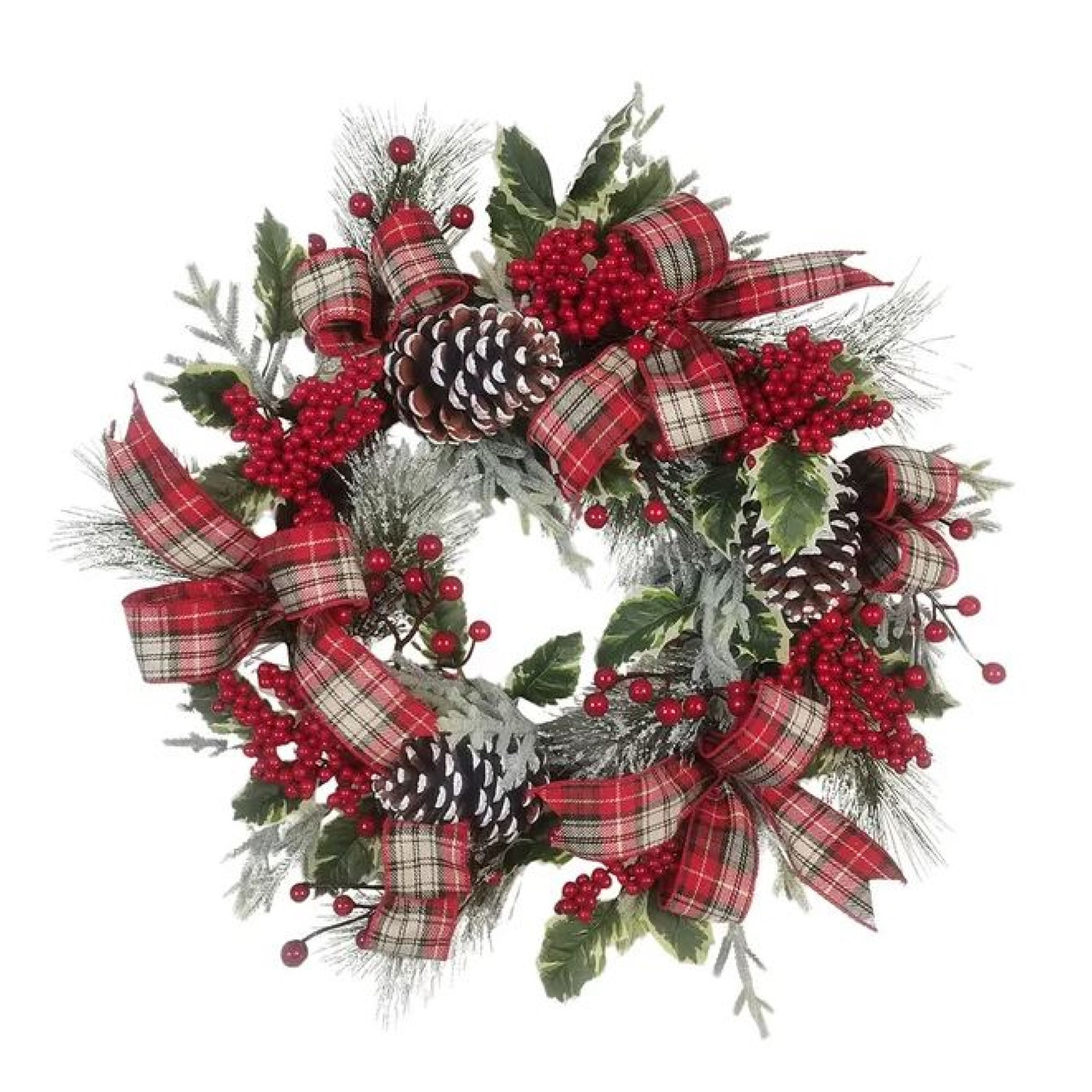 Kurt Adler Unlit Faux Christmas Rattan Wreath, Flocked with Bows, Pinecones & Holly Berries, 20in