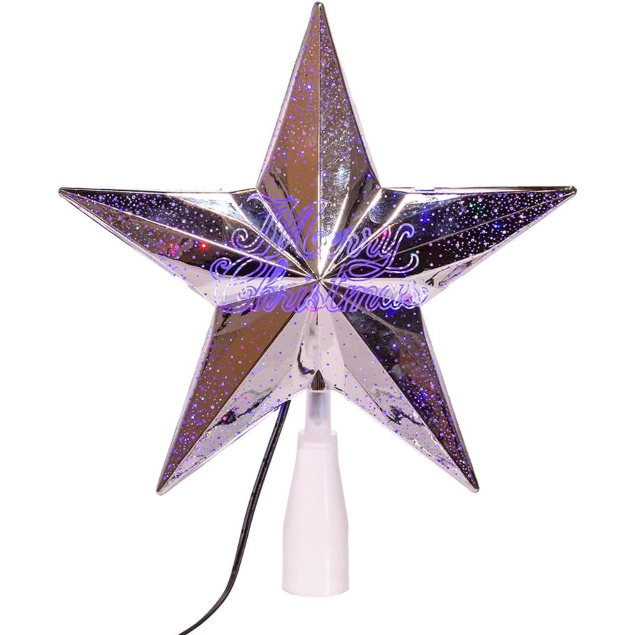 Kurt Adler Lighted Christmas Tree Treetop, 18L "Merry Christmas" LED Star, Silver, 10"