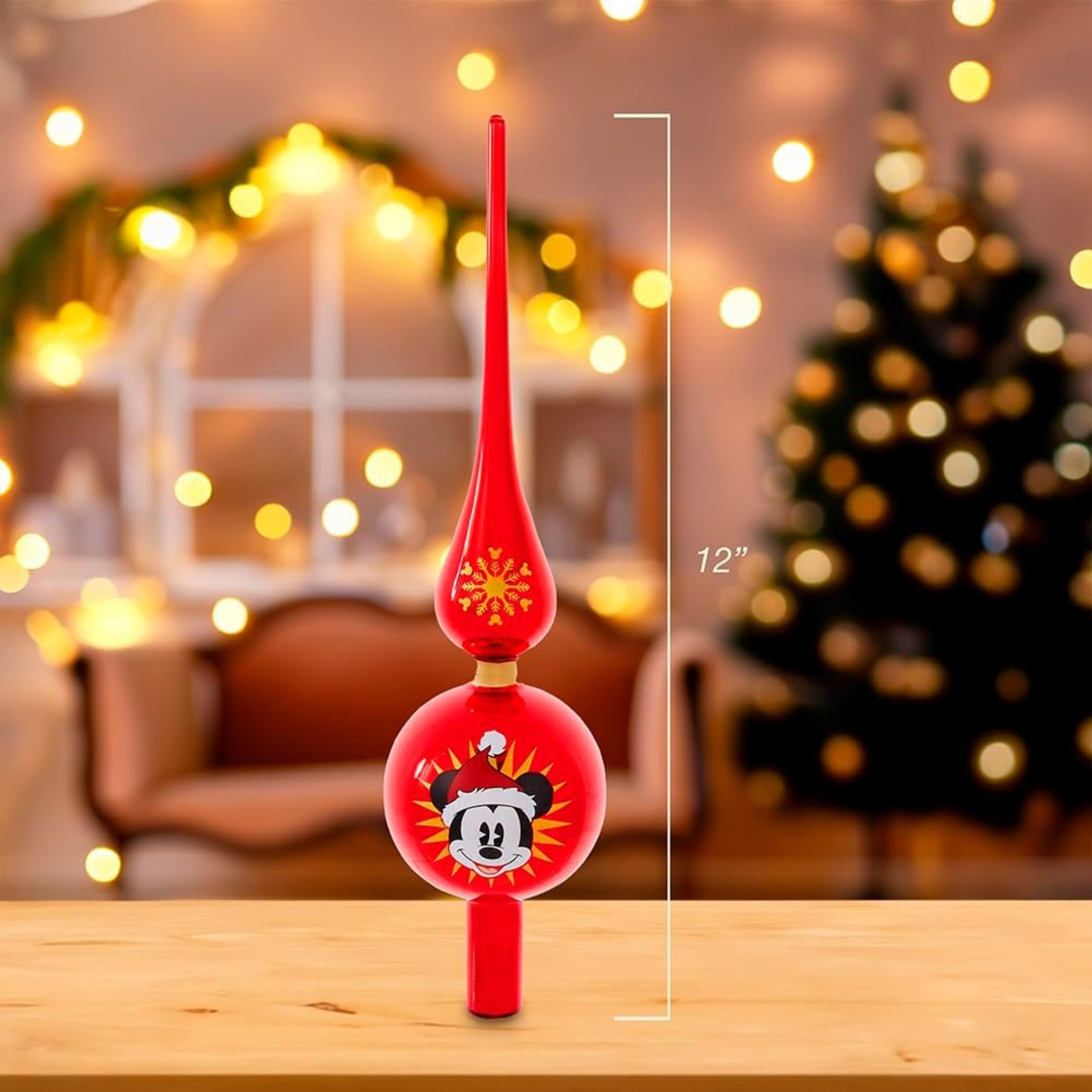 Kurt Adler Unlit Christmas Tree Treetop, Mickey Mouse Finial, Glass, Red, 12"