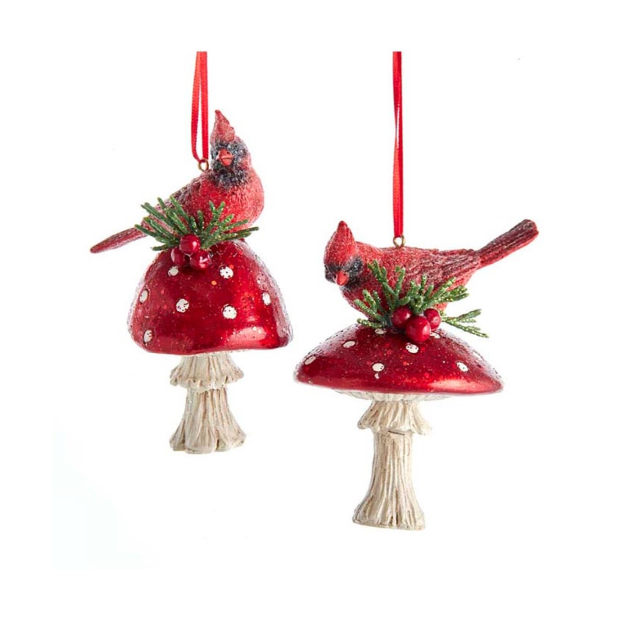 Kurt Adler Resin Ornaments for Christmas Tree, Cardinals on Mushrooms, Assorted (Set of 2)