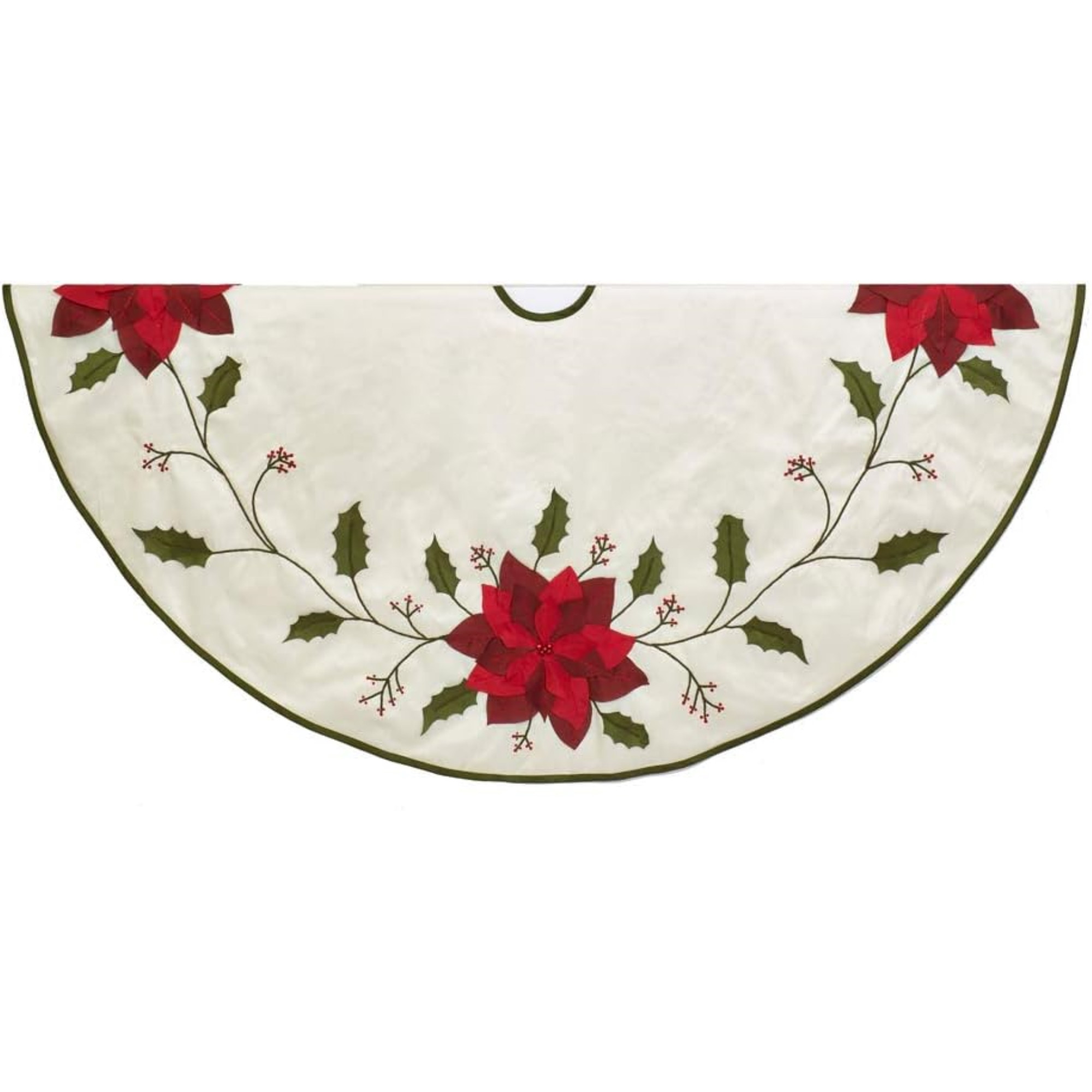 Kurt Adler Christmas Tree Skirt with Holly Leaves and Poinsettia Design, Ivory, 54in