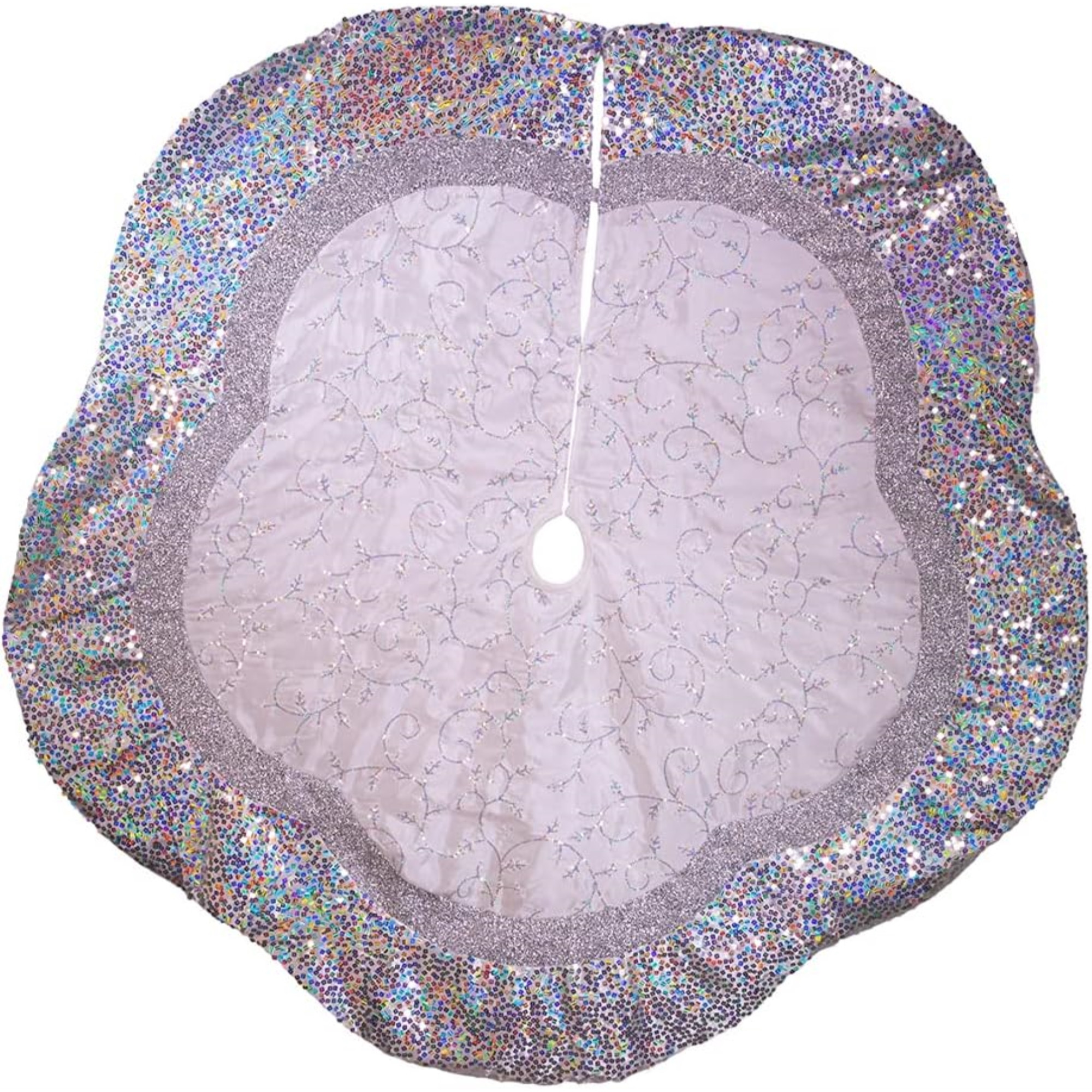 Kurt Adler Christmas Tree Skirt with Sequined Border Design, Silver, 60in