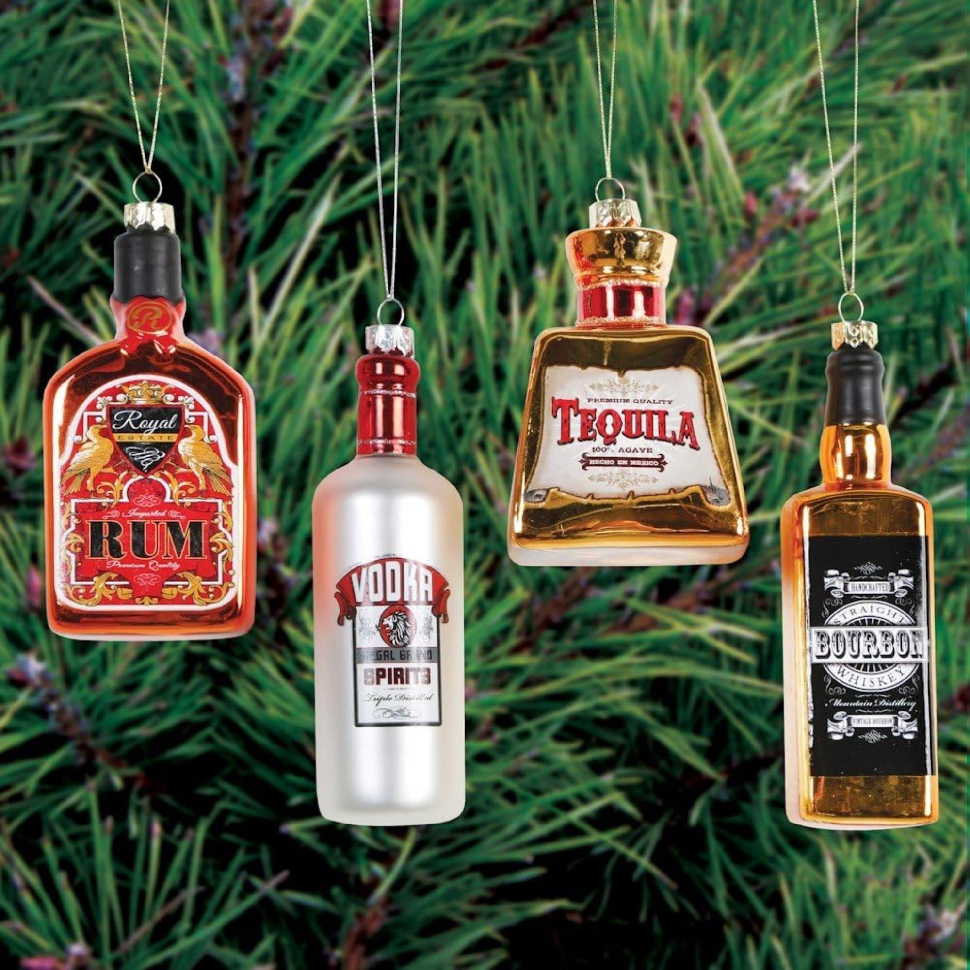 Kurt Adler Glass Ornaments for Christmas Tree, Alcohol Bottles, Assorted (Pack of 4)