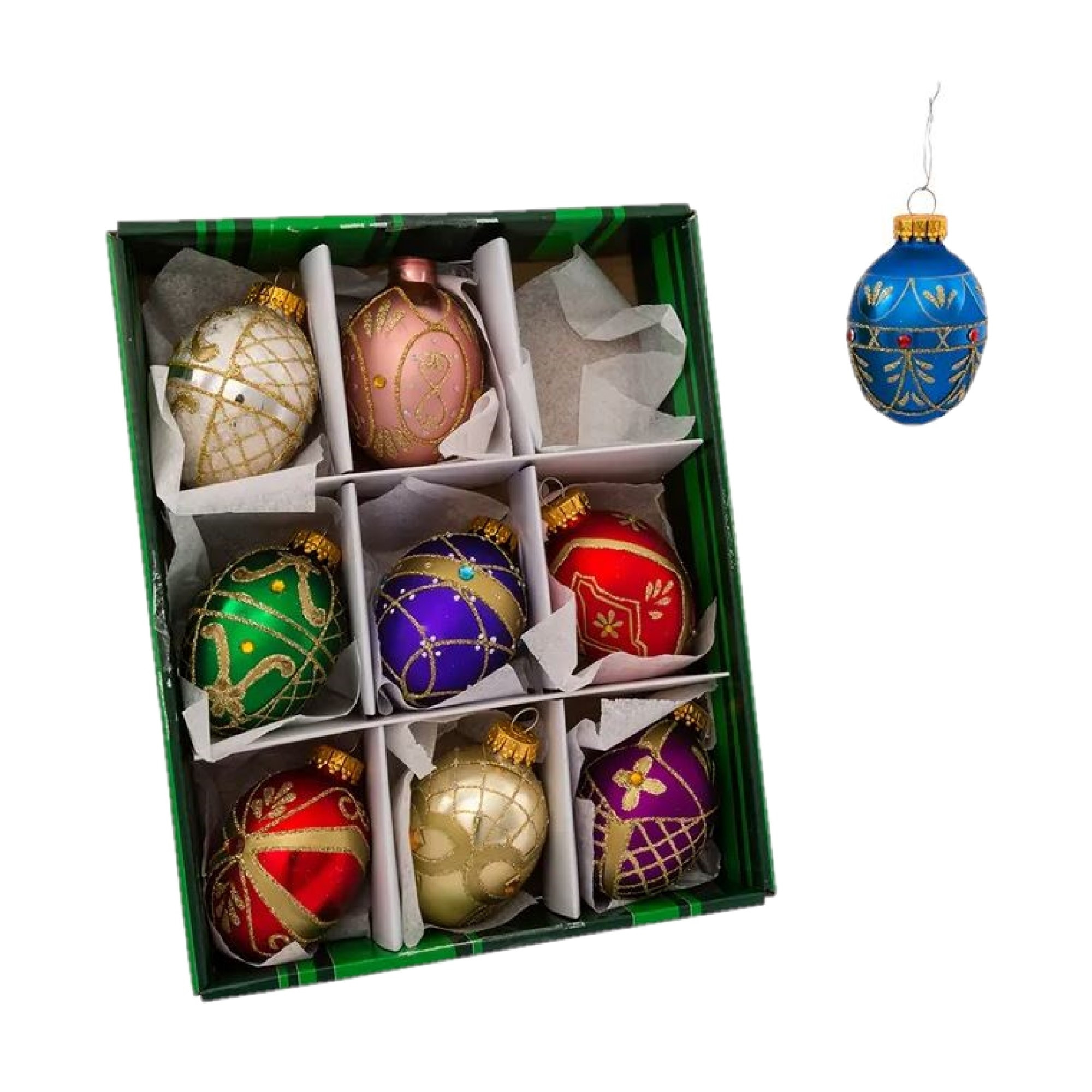 Kurt Adler Glass Ornaments for Christmas Tree, Miniature Decorative Eggs, Assorted (9 Piece Set)