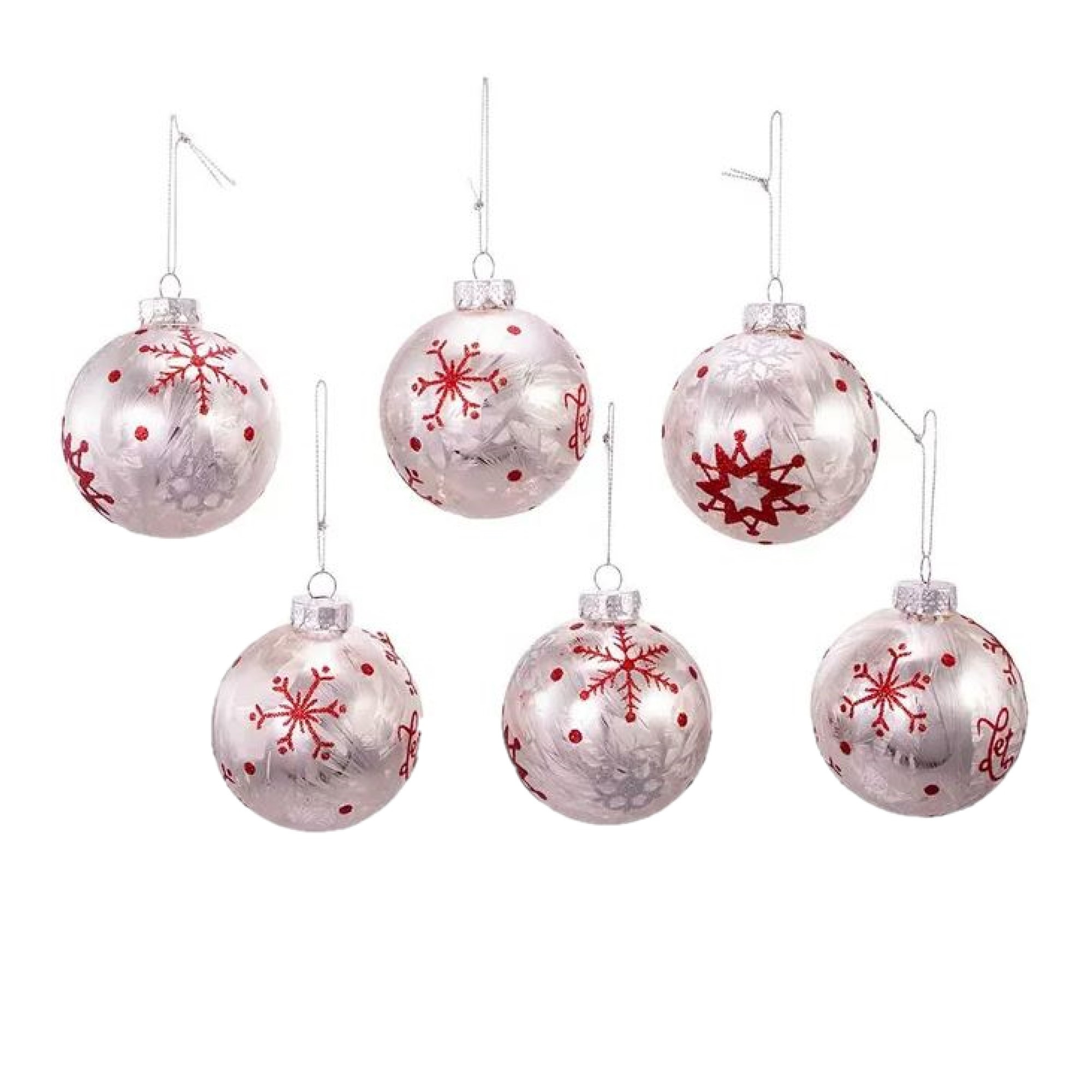 Kurt Adler Glass Ball Ornaments for Christmas Tree, Silver & Red Snowflake (Pack of 6)