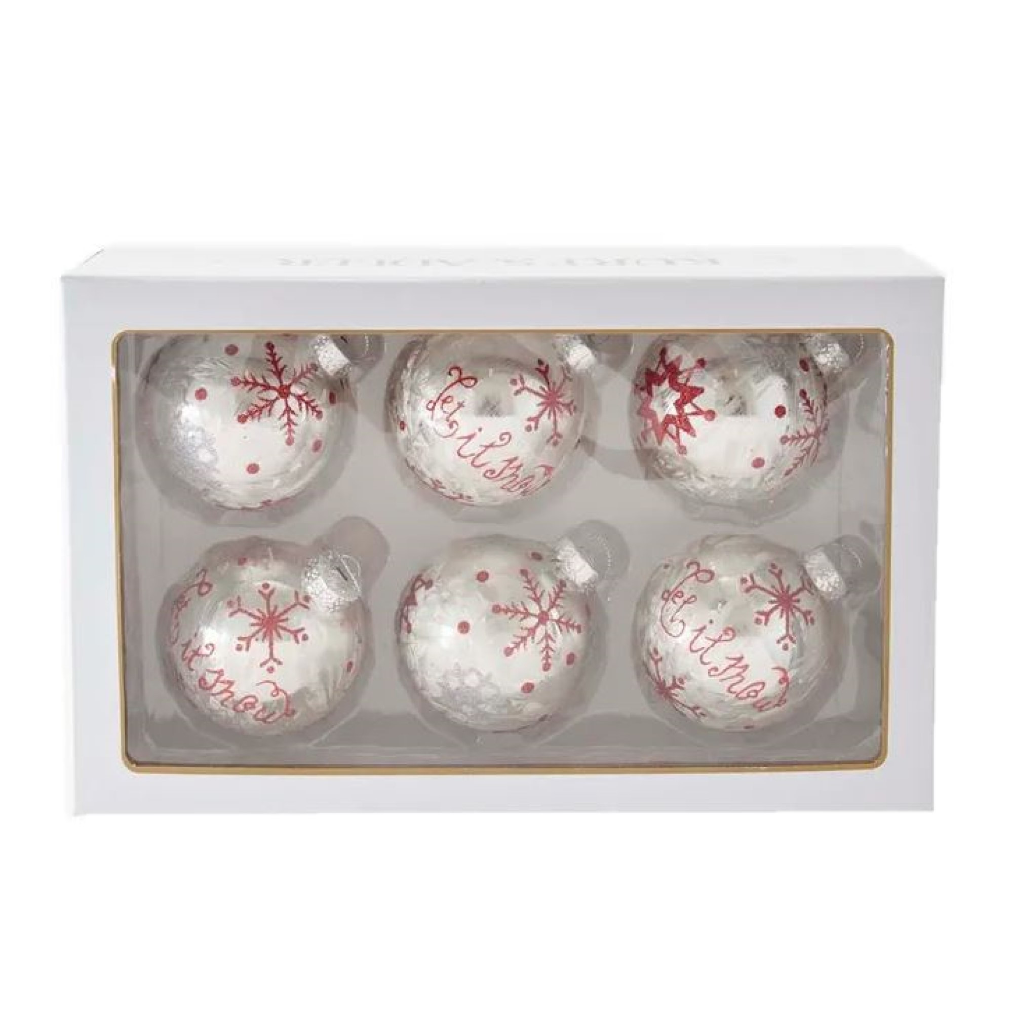 Kurt Adler Glass Ball Ornaments for Christmas Tree, Silver & Red Snowflake (Pack of 6)