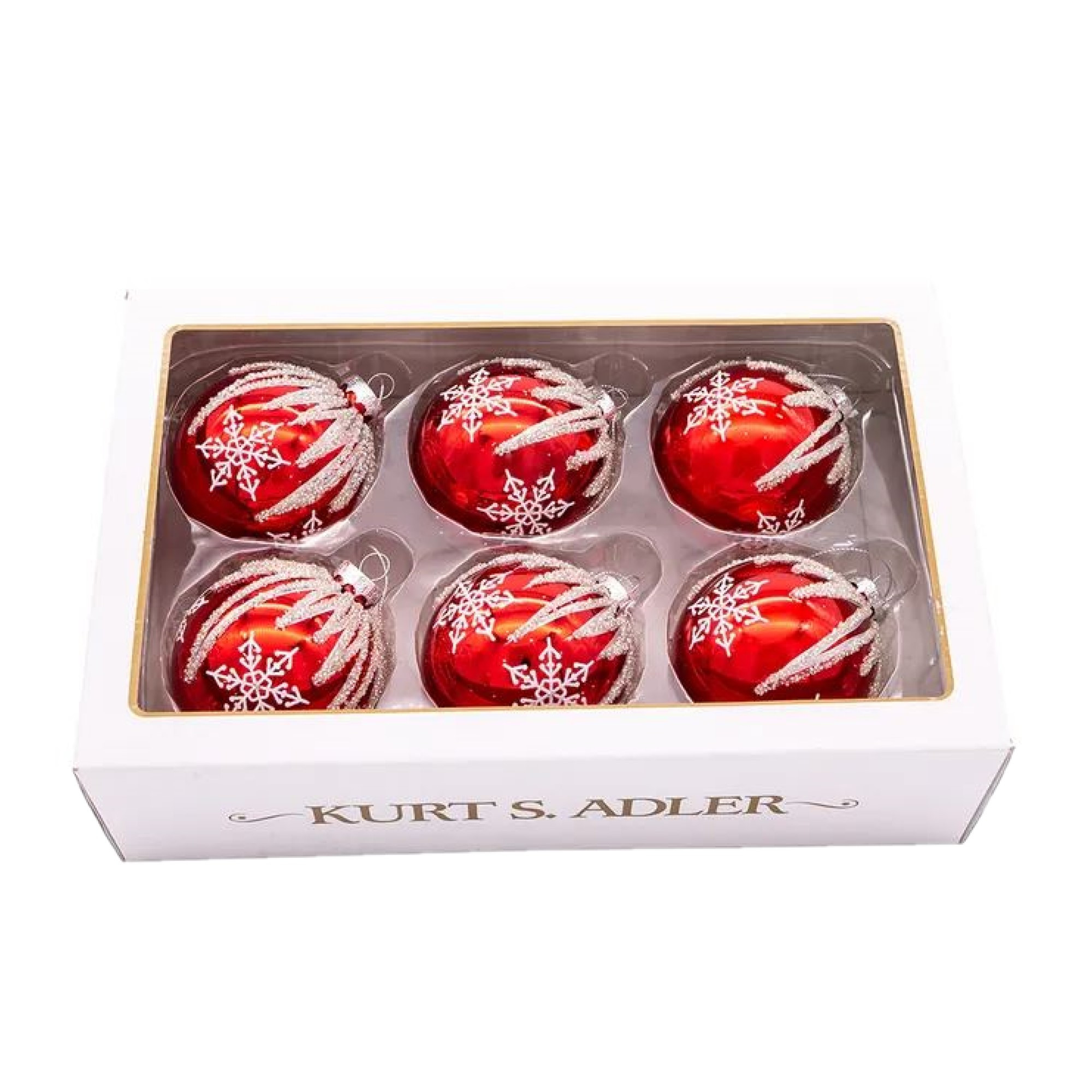 Kurt Adler Glass Ball Ornaments for Christmas Tree, Red & Silver Snowflake (Pack of 6)